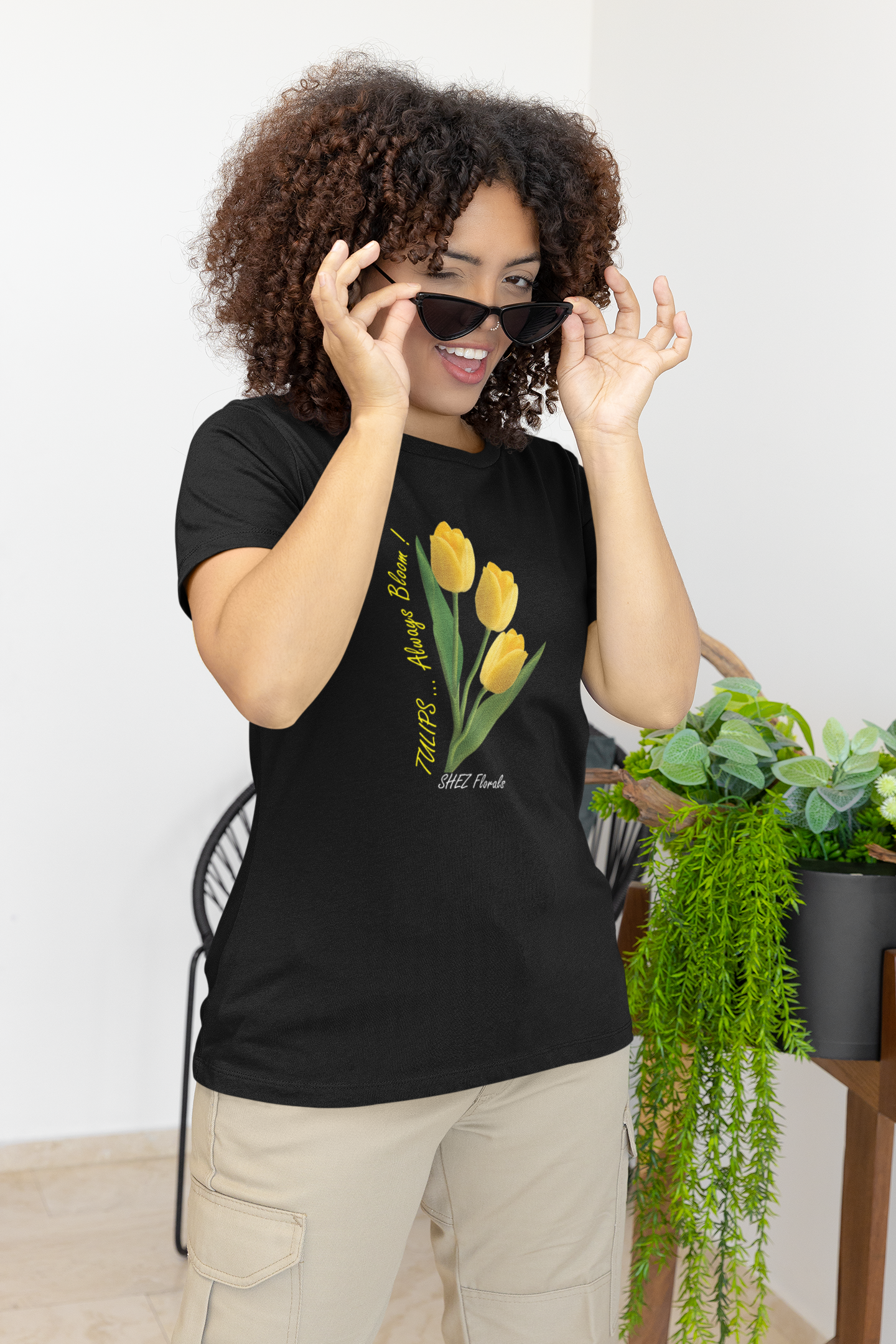 Shez Florals Yellow Tulips Black Oversized women Tshirts & Women Tops, Size : S , M, L, XL, 2XL, 3XL, 4XL, 5XL, Model  with Goggles View 