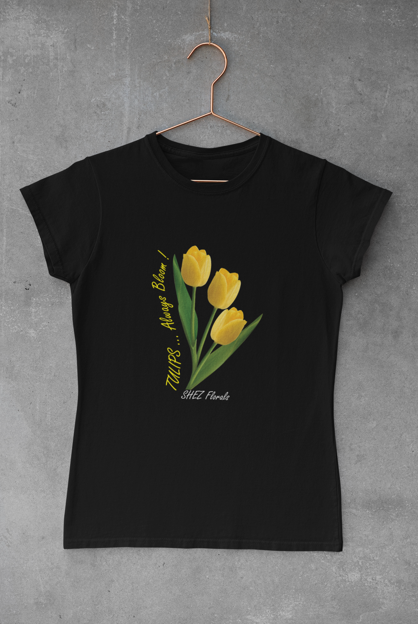 Shez Florals Yellow Tulips Black Oversized women Tshirts & Women Tops, Size : S , M, L, XL, 2XL, 3XL, 4XL, 5XL, Hanger View 