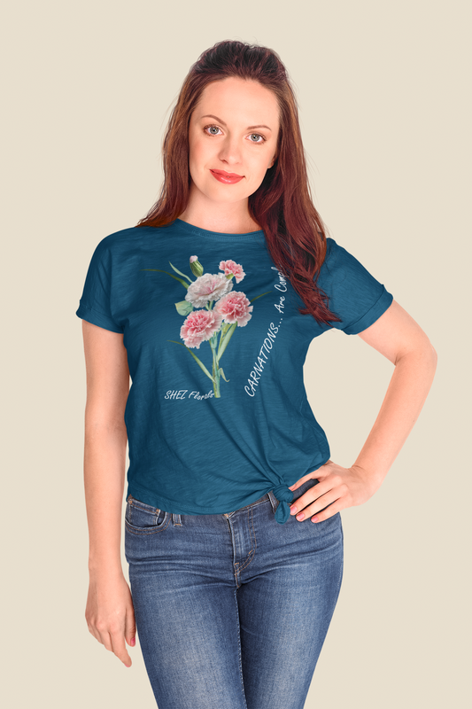 Shez Florals, Carnations Navy Blue Printed Oversized T Shirt Women: S , M, L, XL, 2XL, 3XL, 4XL, 5XL, model posing