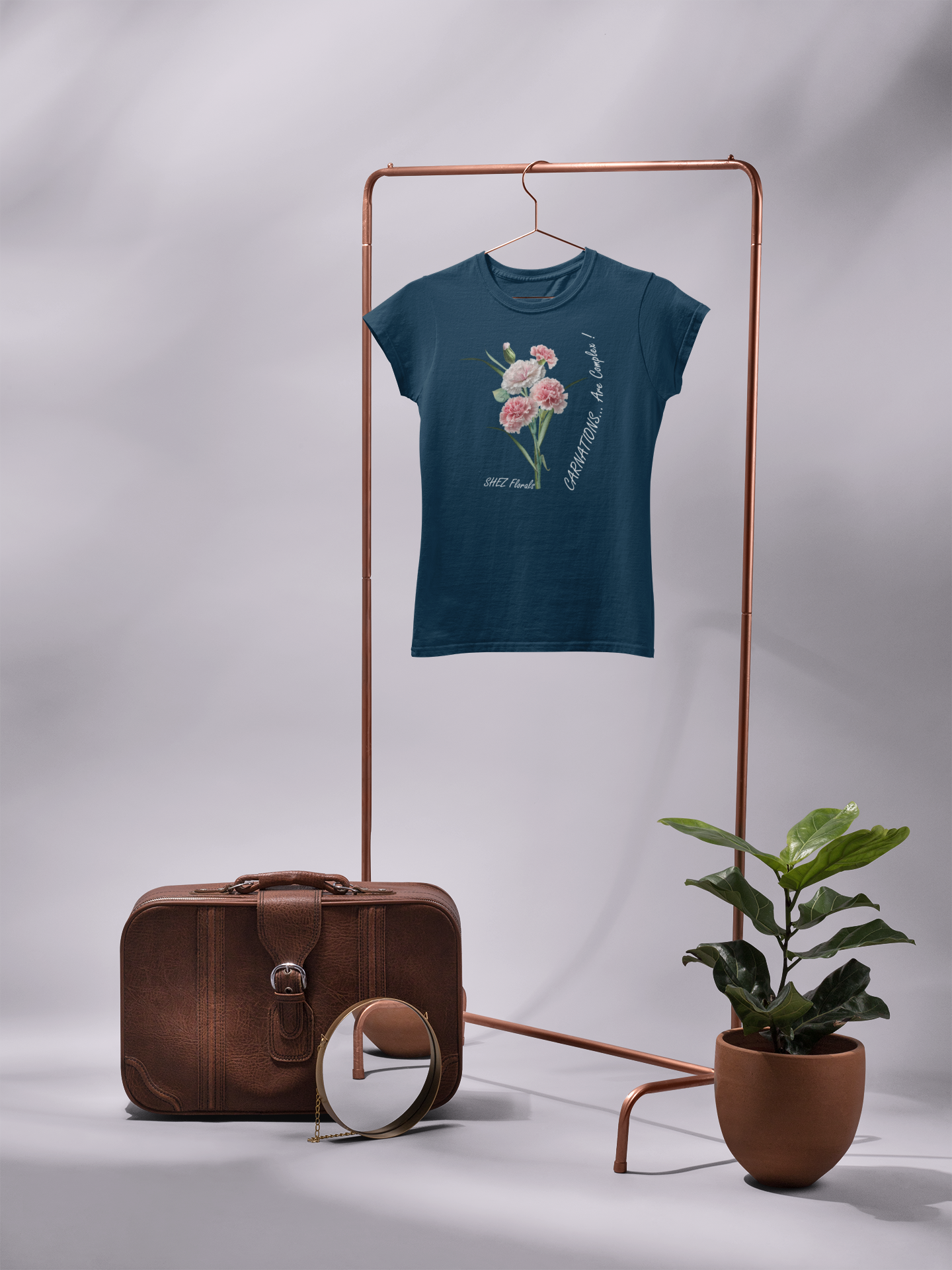 Shez Florals, Carnations Navy Blue Printed Oversized T Shirt Women: S , M, L, XL, 2XL, 3XL, 4XL, 5XL, tshirt hanging