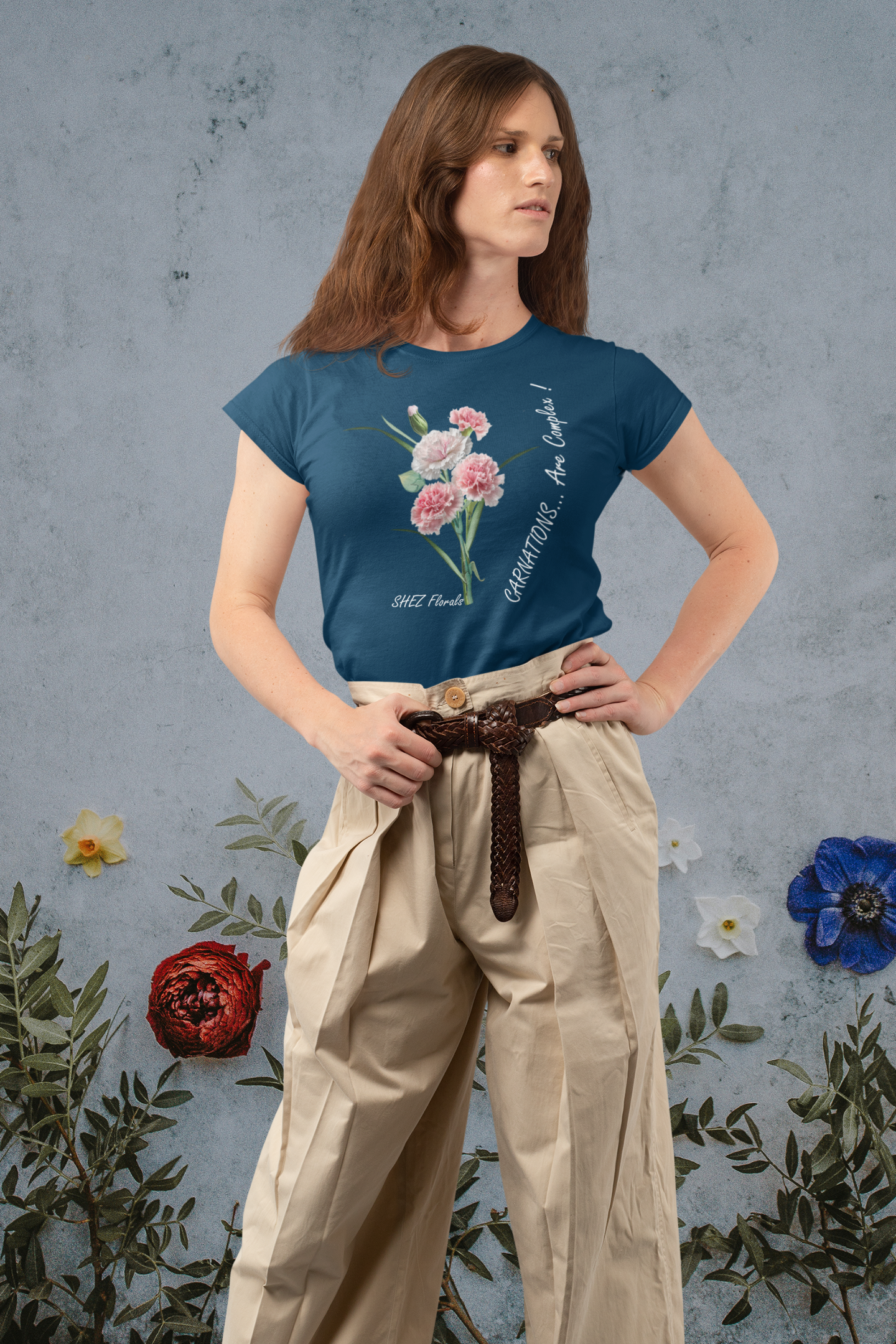 Shez Florals, Carnations Navy Blue Printed Oversized T Shirt Women: S , M, L, XL, 2XL, 3XL, 4XL, 5XL, model smiling