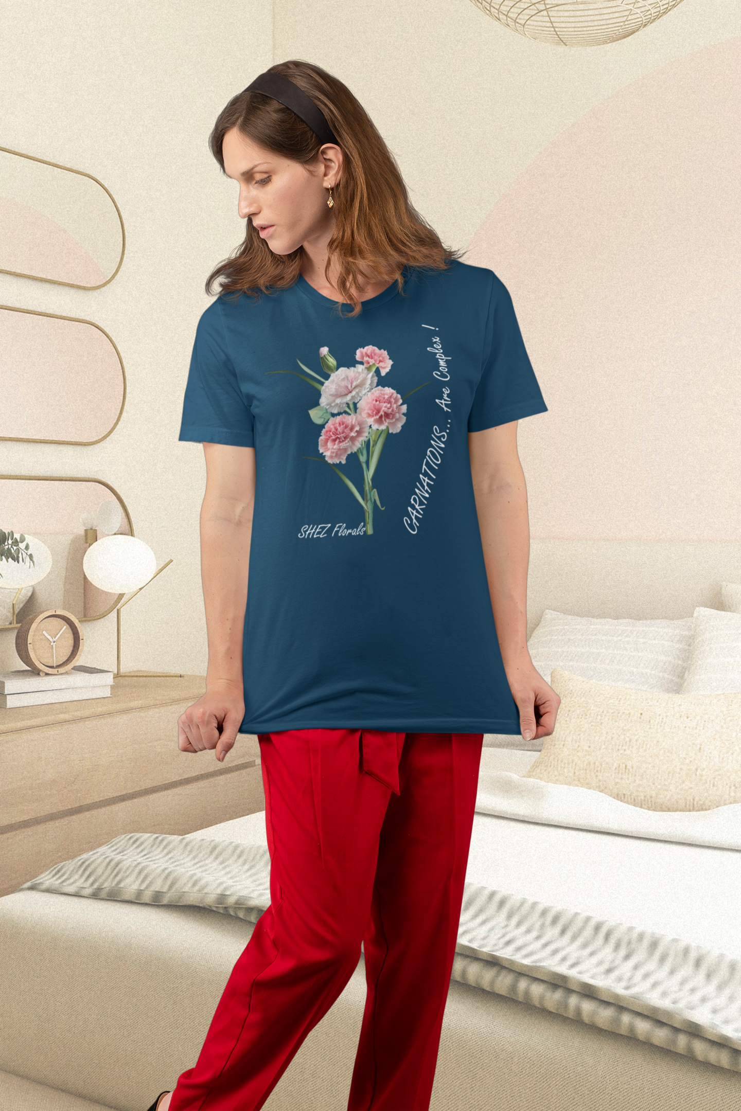 Shez Florals, Carnations Navy Blue Printed Oversized T Shirt Women: S , M, L, XL, 2XL, 3XL, 4XL, 5XL, model shying