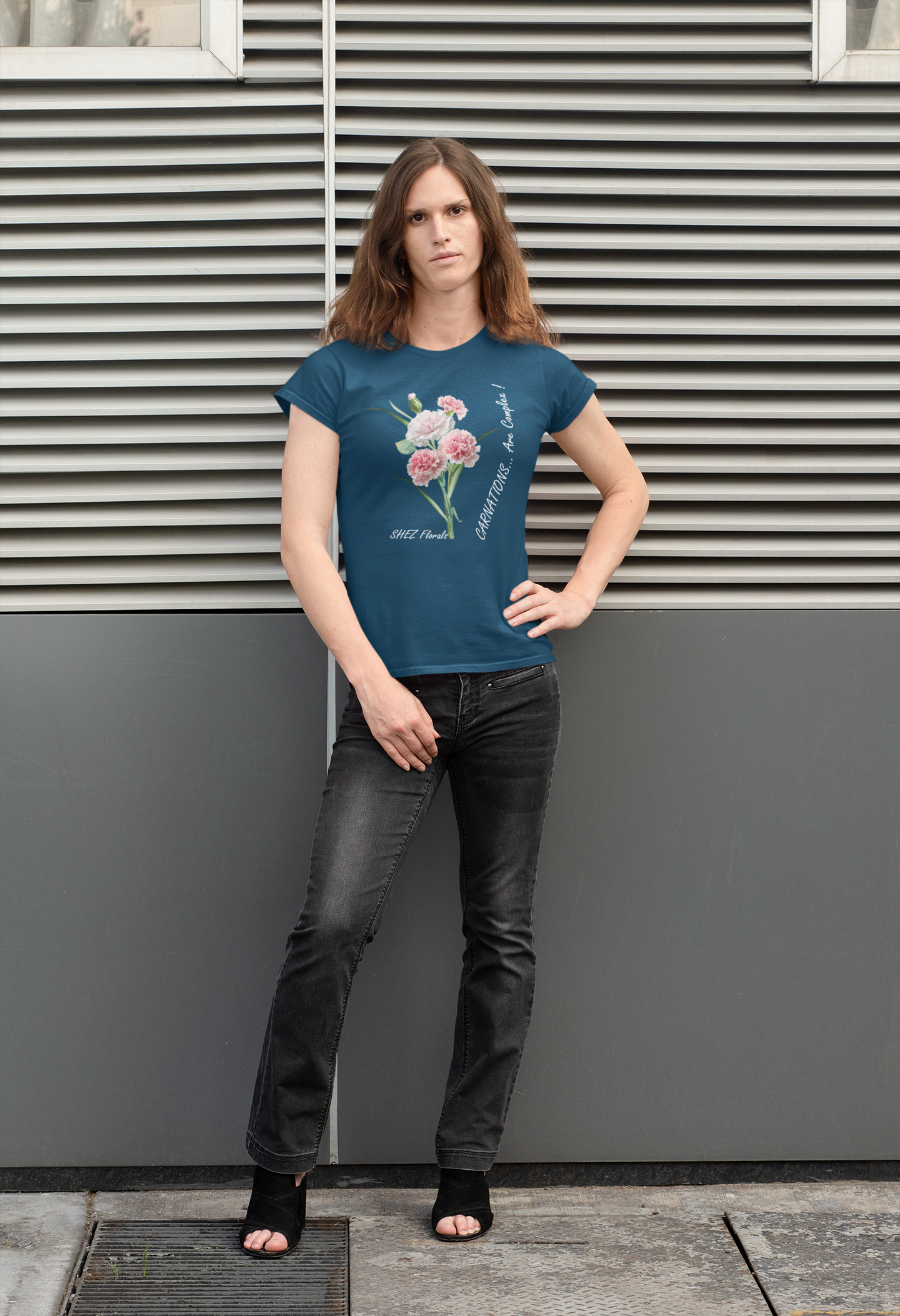 Shez Florals, Carnations Navy Blue Printed Oversized T Shirt Women: S , M, L, XL, 2XL, 3XL, 4XL, 5XL, model in black jeans