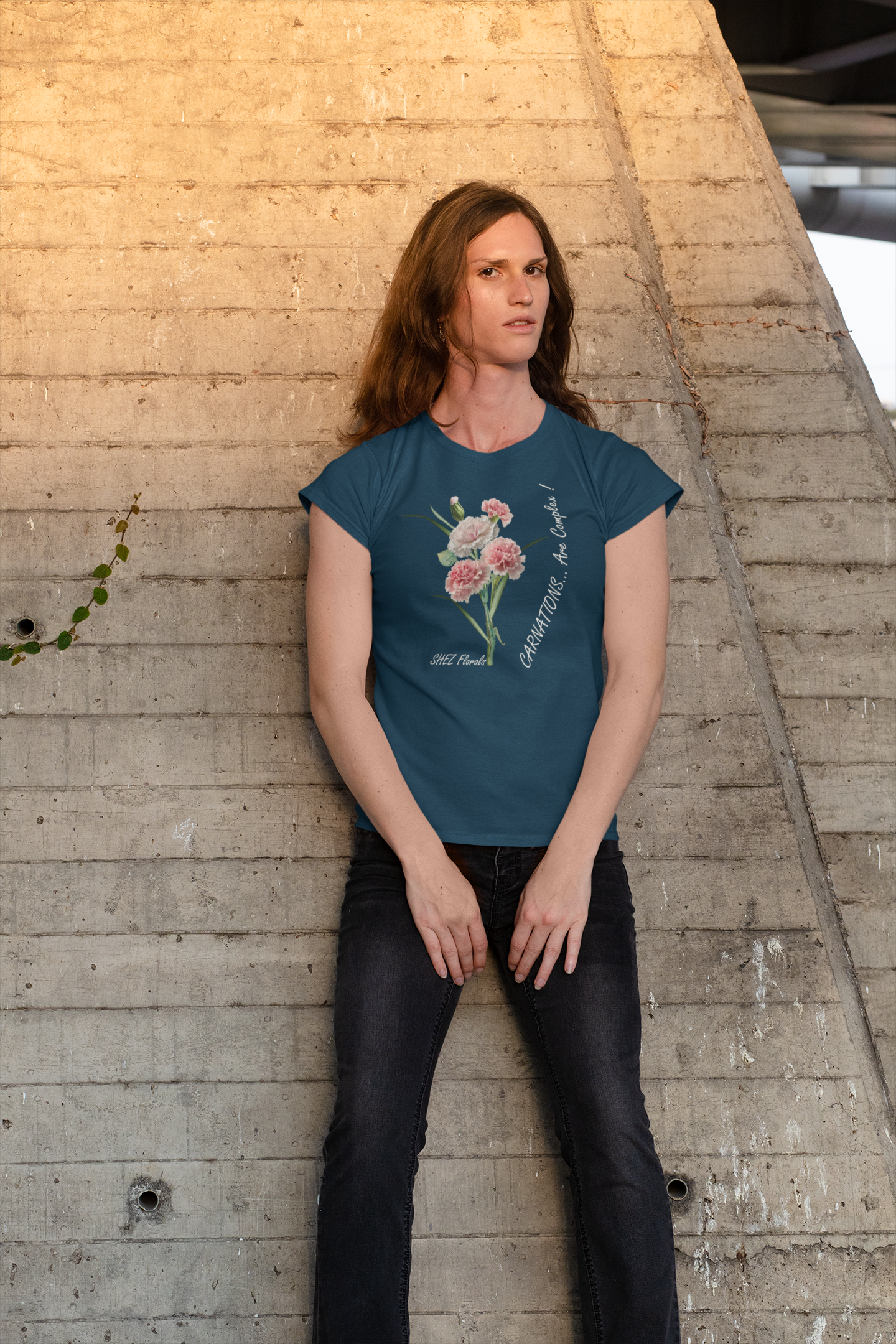 Shez Florals, Carnations Navy Blue Printed Oversized T Shirt Women: S , M, L, XL, 2XL, 3XL, 4XL, 5XL, model serious