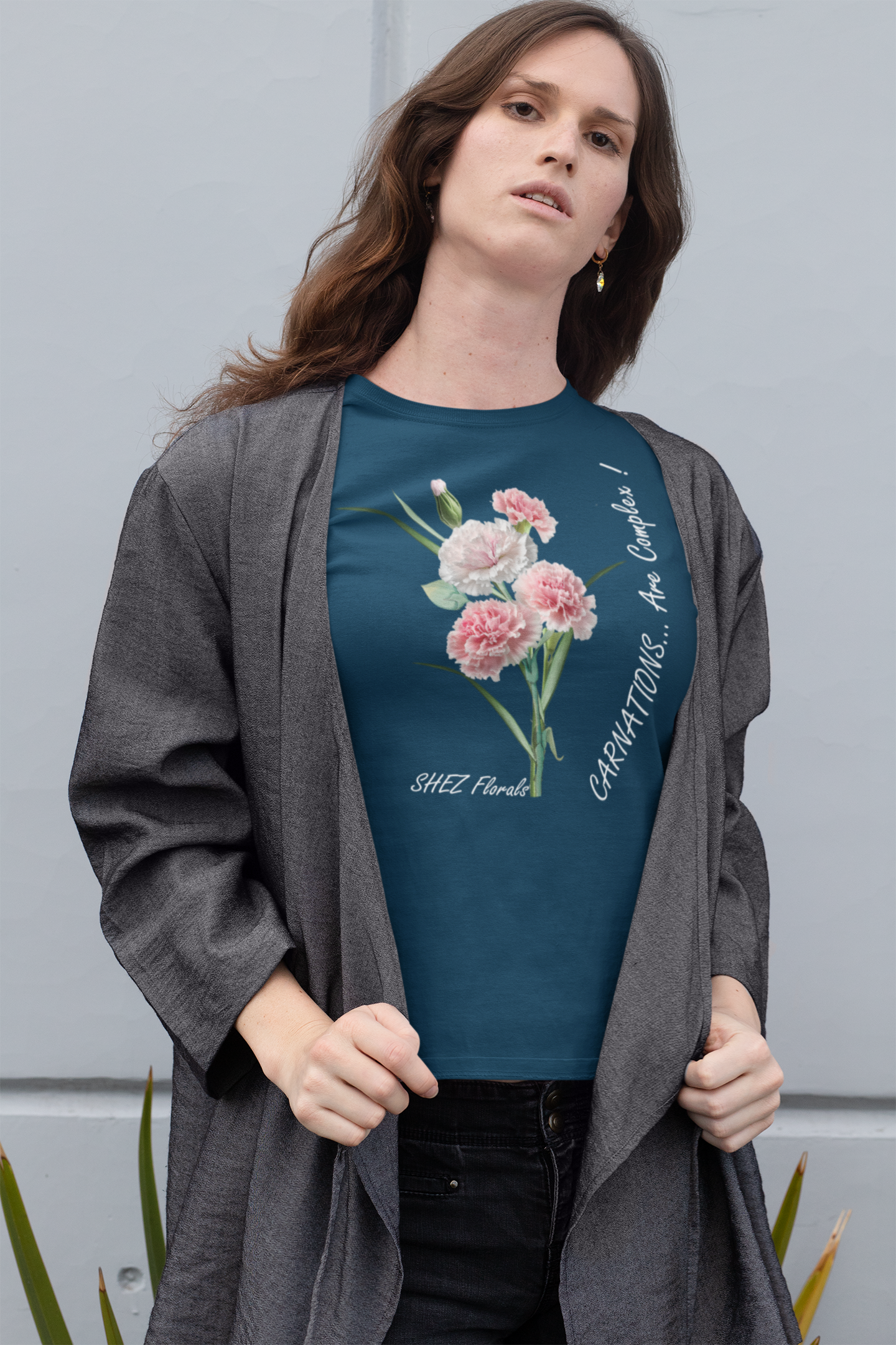 Shez Florals, Carnations Navy Blue Printed Oversized T Shirt Women: S , M, L, XL, 2XL, 3XL, 4XL, 5XL, model standing