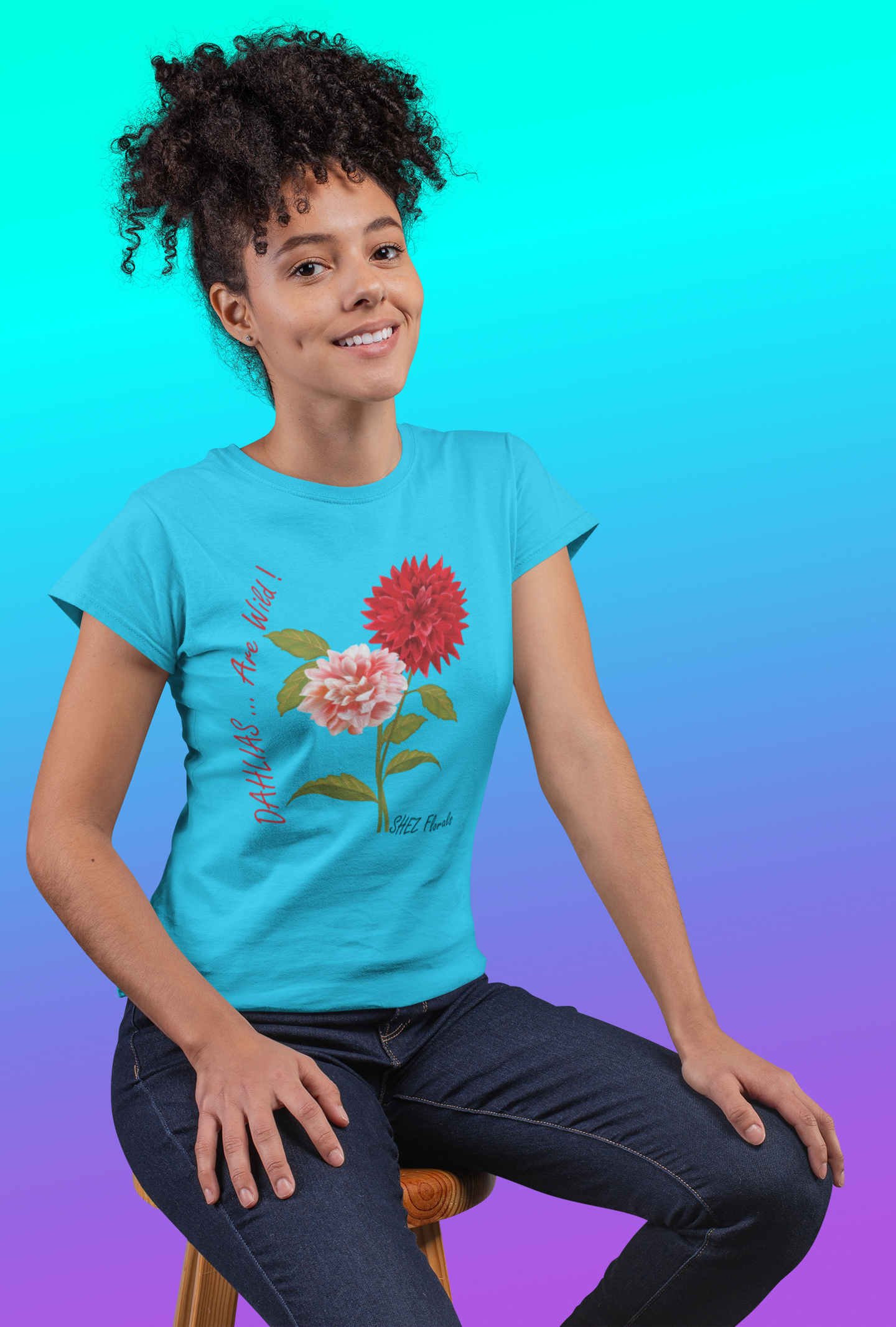 Shez Florals, Dahlias Sky Blue Printed Oversized T shirt Women, S,M,L,XL,2XL,3XL,4XL,5XL,Model Sitting