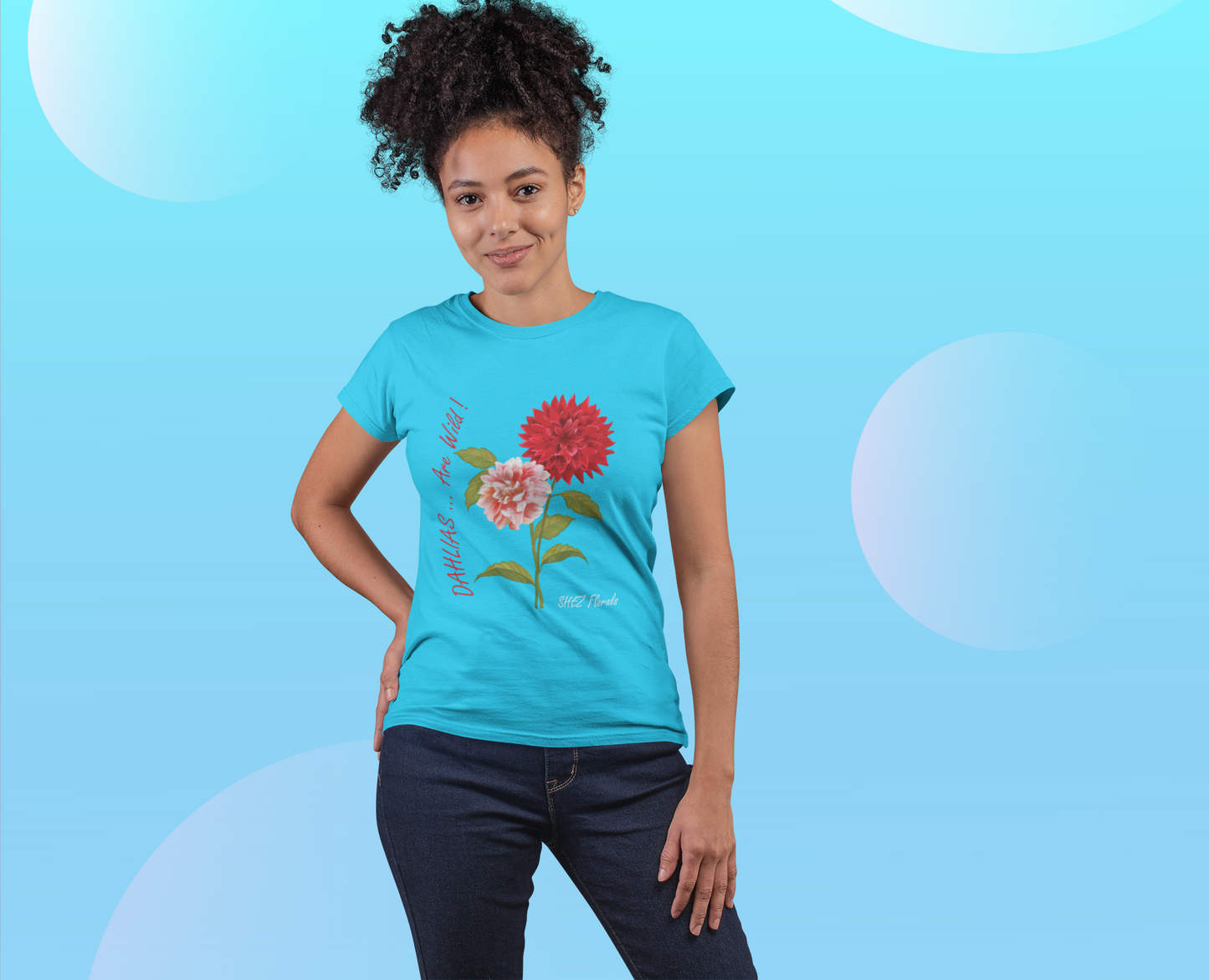 Shez Florals, Dahlias Sky Blue Printed Oversized T shirt Women, S,M,L,XL,2XL,3XL,4XL,5XL,Model posing