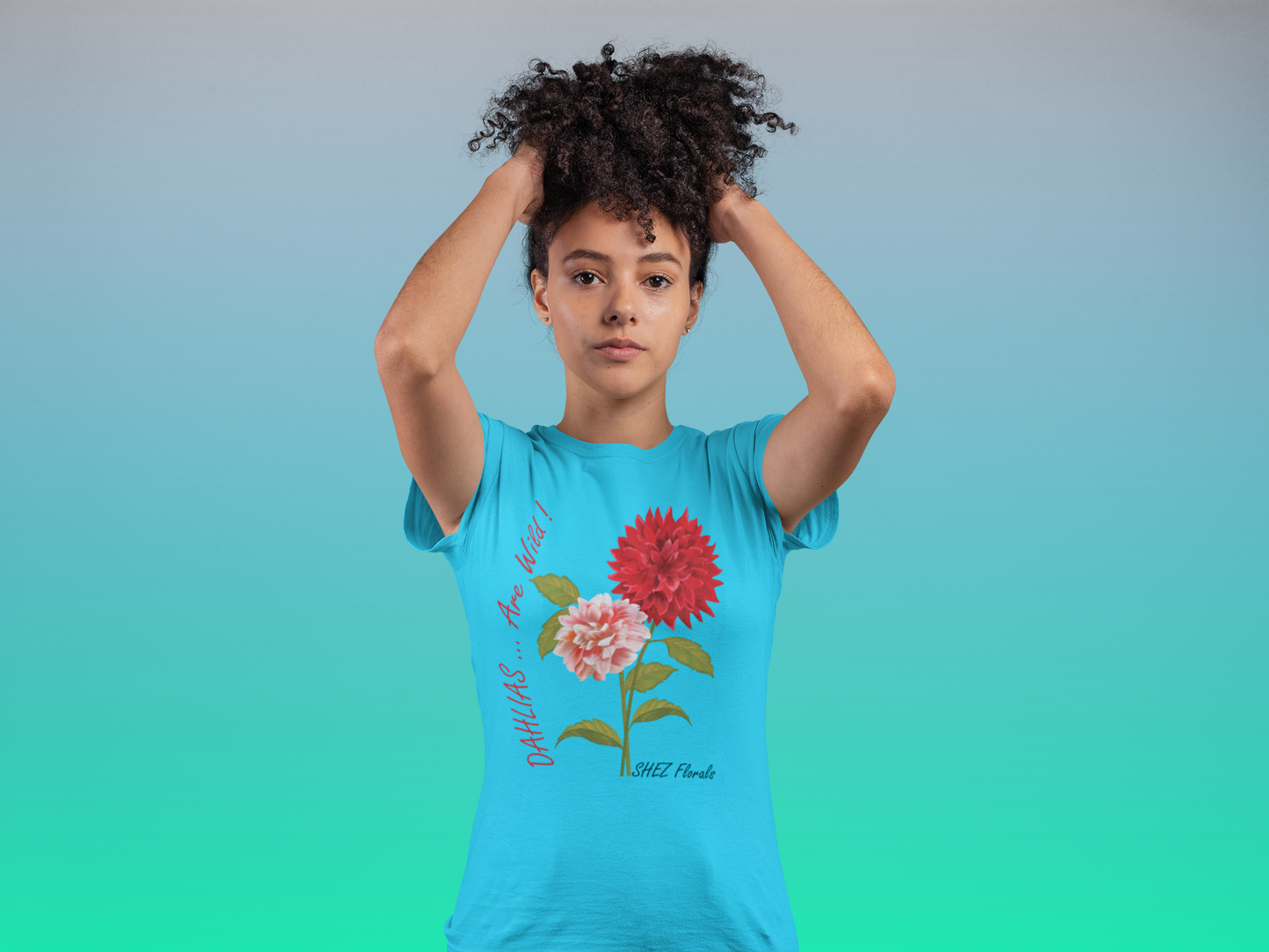 Shez Florals, Dahlias Sky Blue Printed Oversized T shirt Women, S,M,L,XL,2XL,3XL,4XL,5XL,Model sitting