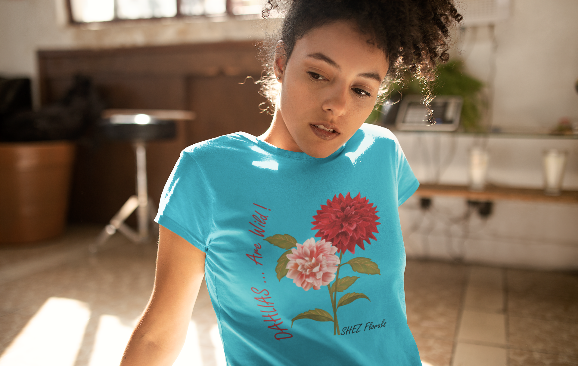 Shez Florals, Dahlias Sky Blue Printed Oversized T shirt Women, S,M,L,XL,2XL,3XL,4XL,5XL,Model thinking