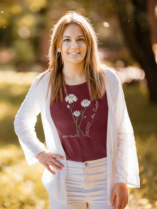 Shez Florals, White Daisies Maroon Oversized Printed T Shirts Women, S,M,L,XL,2XL,3XL,4XL,5X, Woman Standing