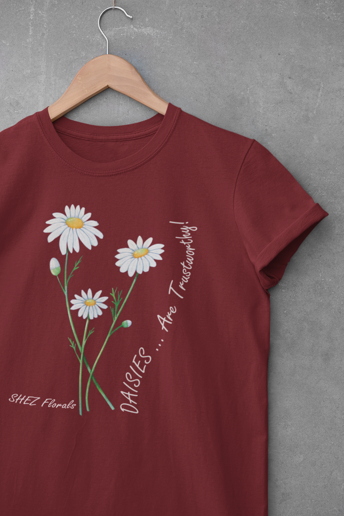 Shez Florals, White Daisies Maroon Oversized Printed T Shirts Women, S,M,L,XL,2XL,3XL,4XL,5X,  Hanger