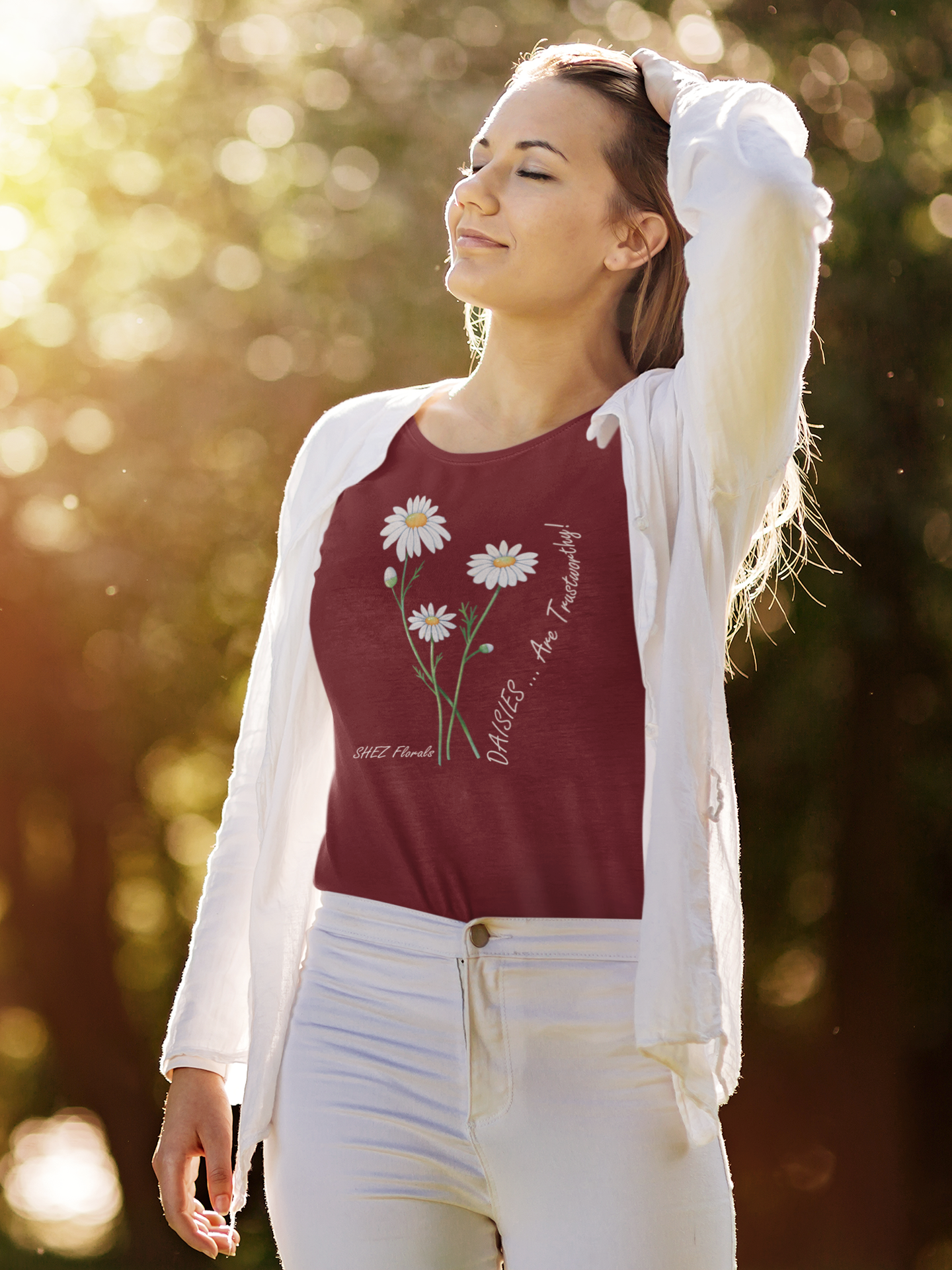 Shez Florals, White Daisies Maroon Oversized Printed T Shirts Women, S,M,L,XL,2XL,3XL,4XL,5X,  Woman Posing