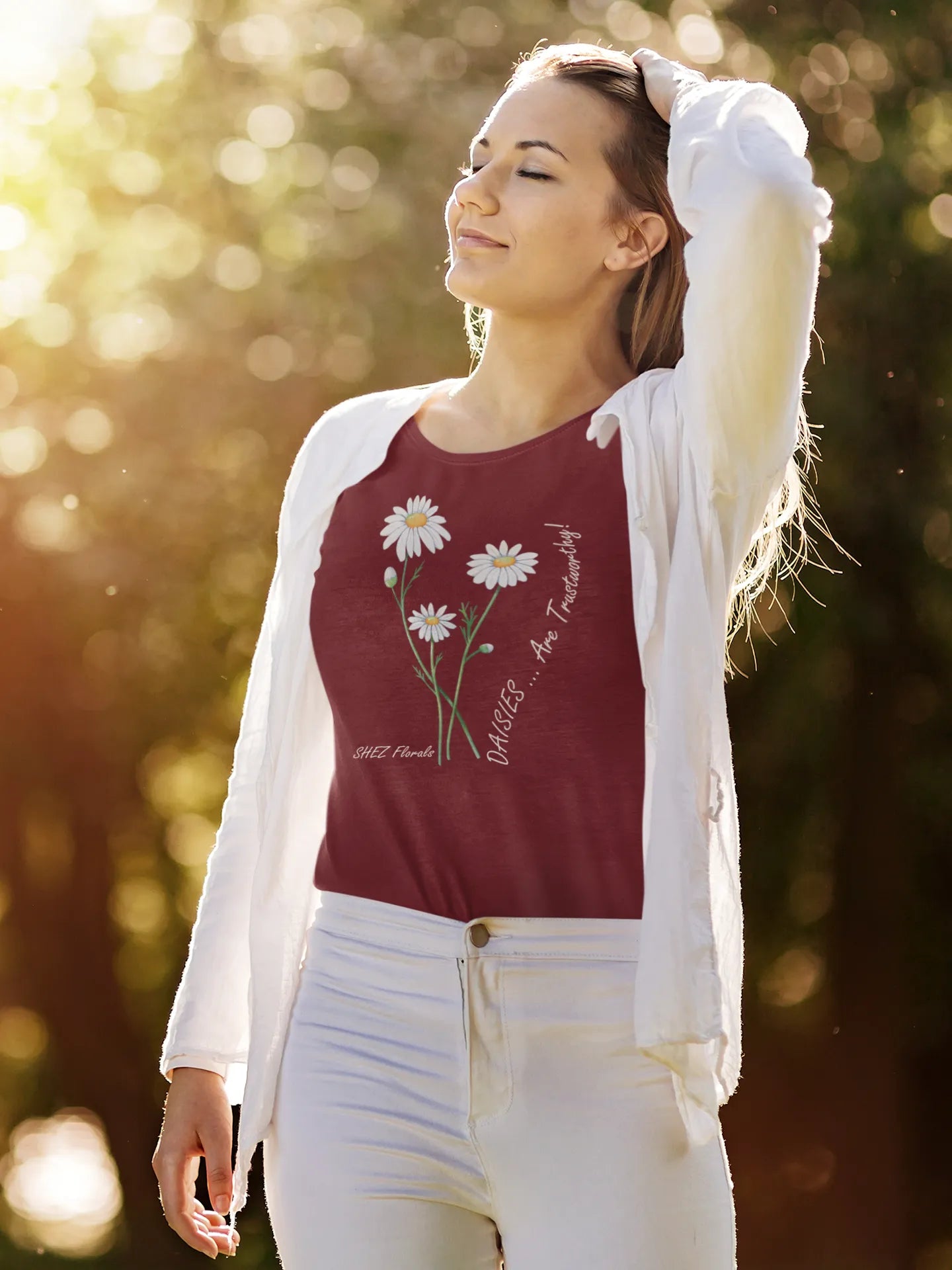 Shez Florals Maroon T Shirt for Women, Daisies