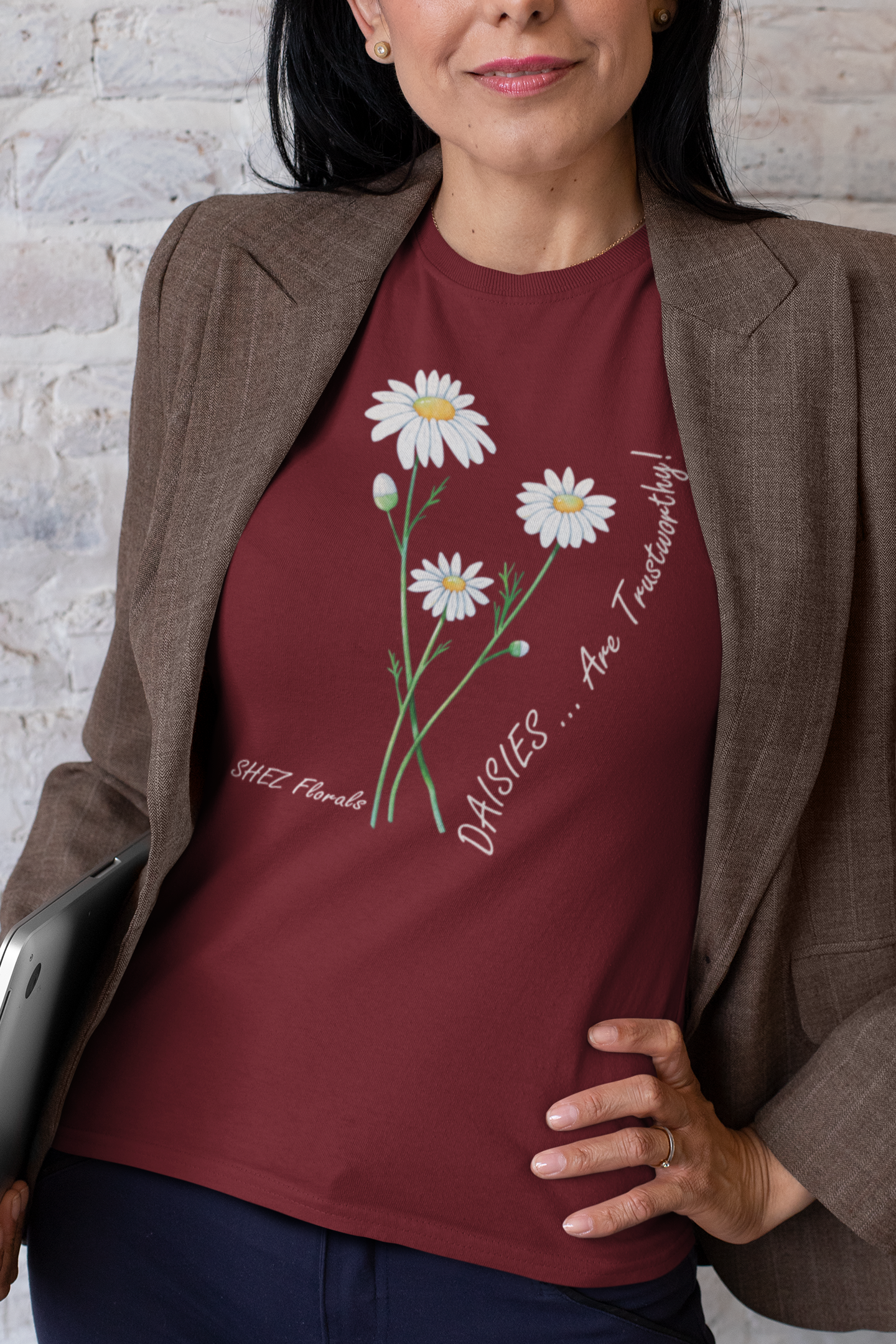 Shez Florals, White Daisies Maroon Oversized Printed T Shirts Women, S,M,L,XL,2XL,3XL,4XL,5X,  Woman with jacket