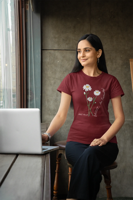 Shez Florals Maroon T Shirt for Women, Daisies