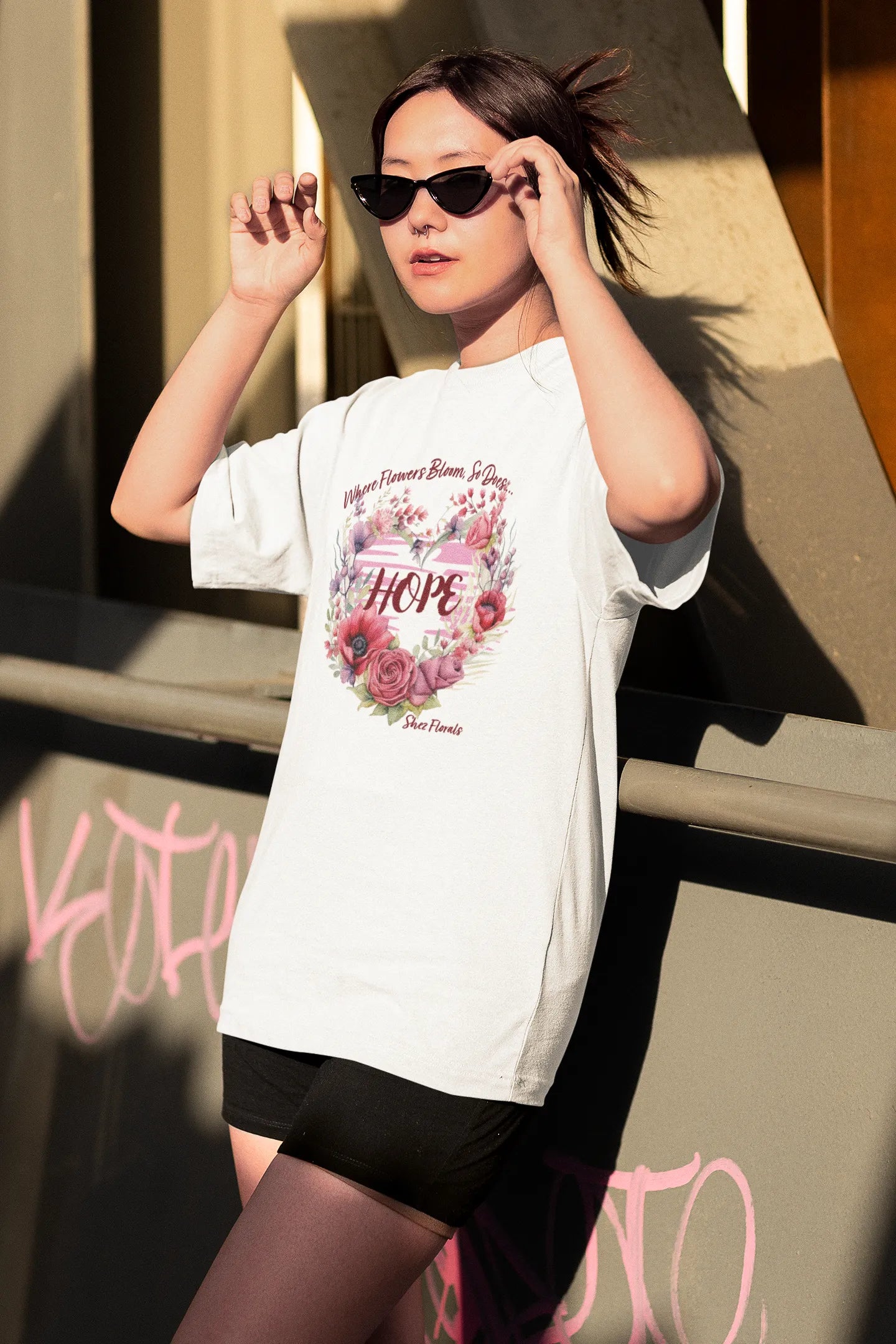 Shez Florals White T Shirt for Women, Flowers Bloom