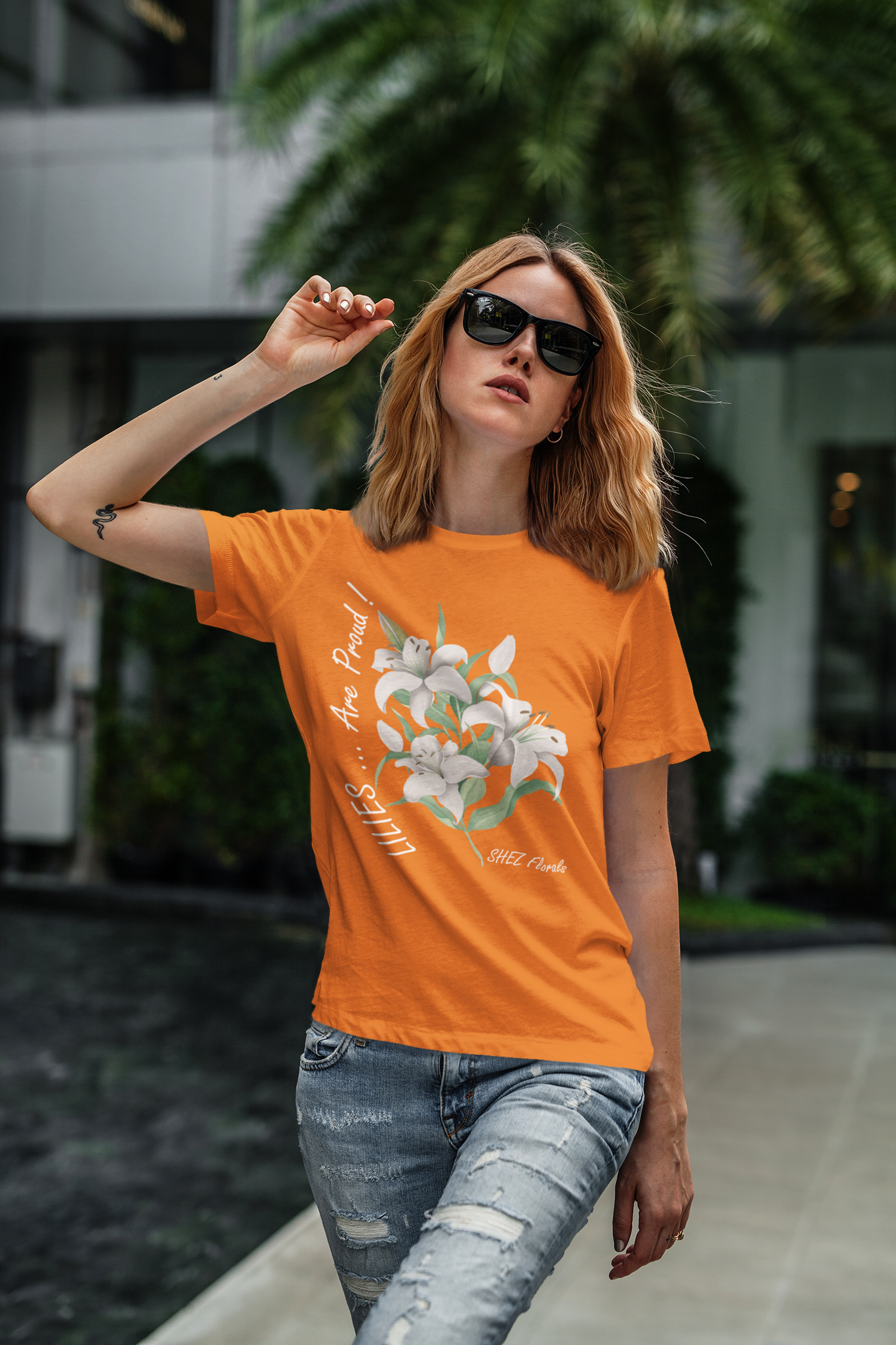 Shez Florals, White Lilies, Orange Printed Oversized T Shirt Women, S,M,L,XL,2XL,3XL,4XL,5XL, model standing