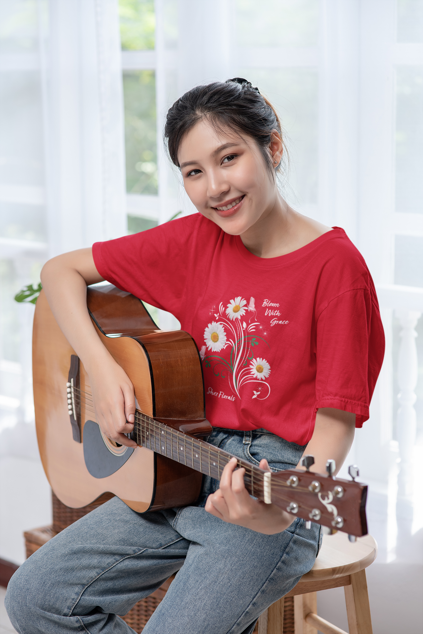 Shez Florals, Bloom with Grace Red Printed Oversized T Shirt Women, S , M, L, XL, 2XL, 3XL, 4XL, 5XL, Model with guitar View