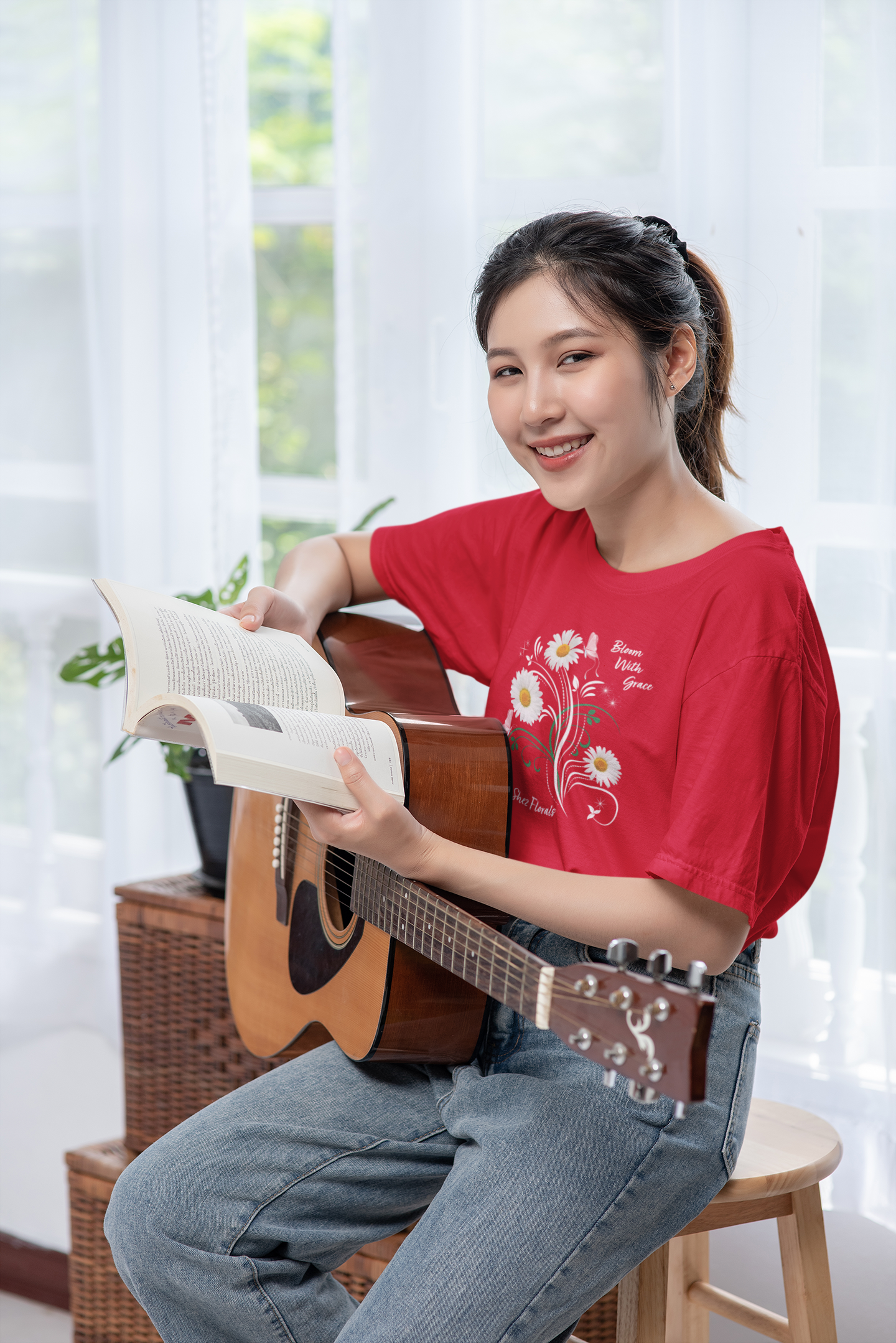 Shez Florals, Bloom with Grace Red Printed Oversized T Shirt Women, S , M, L, XL, 2XL, 3XL, 4XL, 5XL, Model smiling View