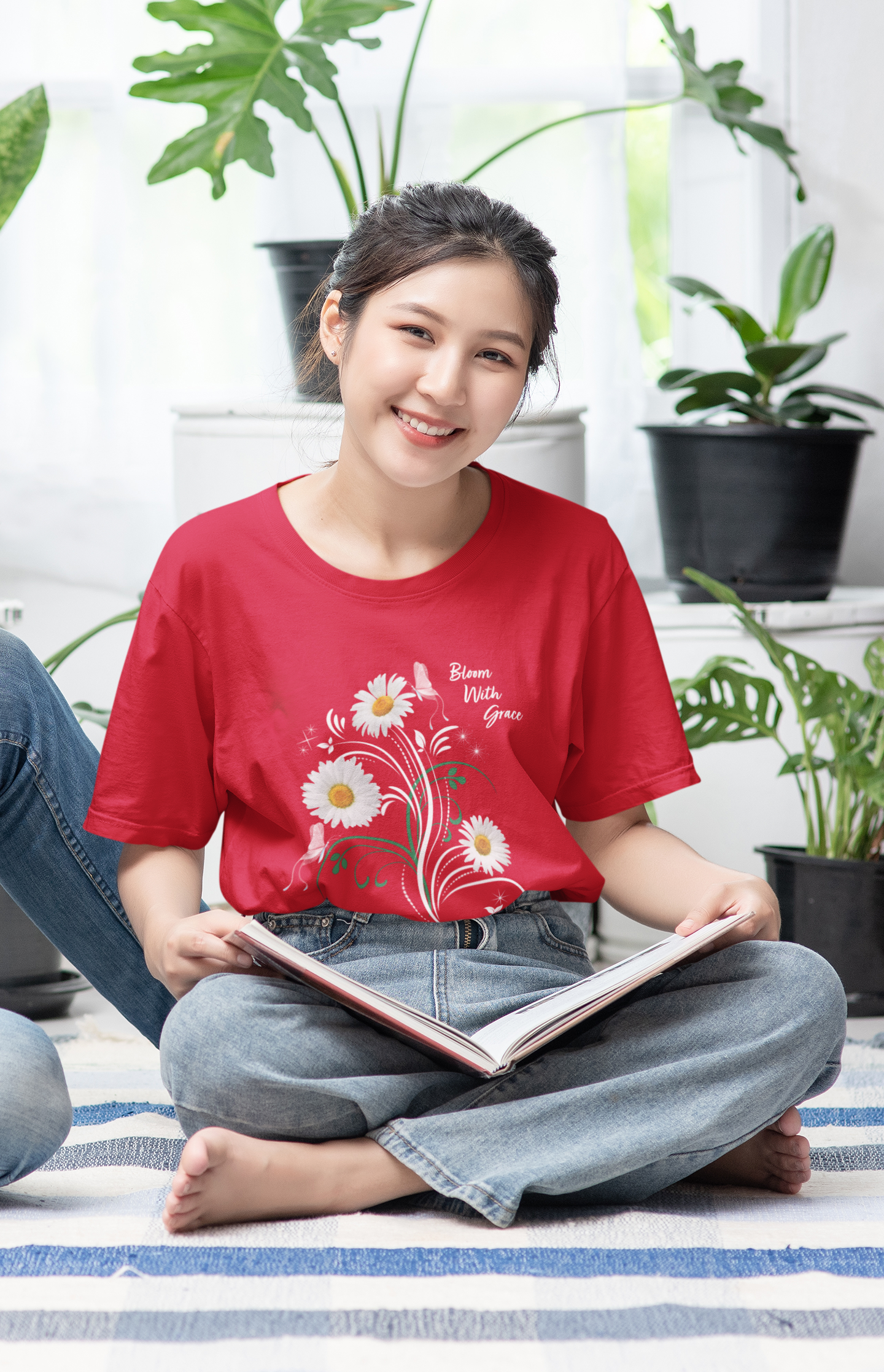 Shez Florals, Bloom with Grace Red Printed Oversized T Shirt Women, S , M, L, XL, 2XL, 3XL, 4XL, 5XL, Model with book 