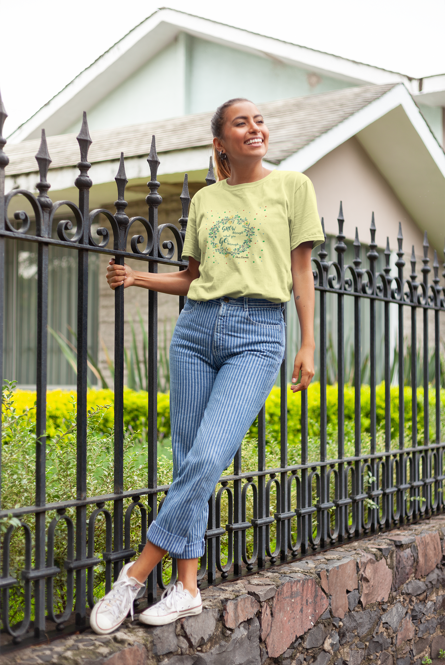 Shez Florals, Grow, Butter Yellow Printed Oversized T Shirt Women S , M, L, XL, 2XL, 3XL, 4XL, 5XL.,model smiling