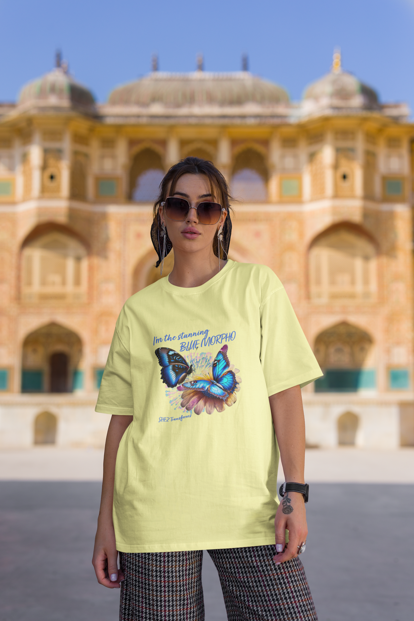 Shez Transforms Blue Morpho Butter Yellow Oversized Women Tshirts, Size : S , M, L, XL, 2XL, 3XL, 4XL, 5XL, Model in goggles View 