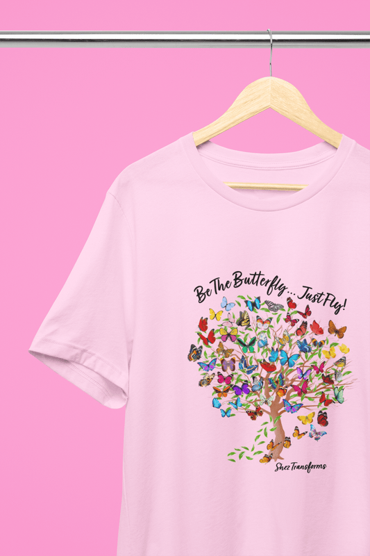 Shez Transforms Be the Butterfly Just Fly Pink Oversized women Tshirts & Women Tops, Size : S , M, L, XL, 2XL, 3XL, 4XL, 5XL , Hanger View