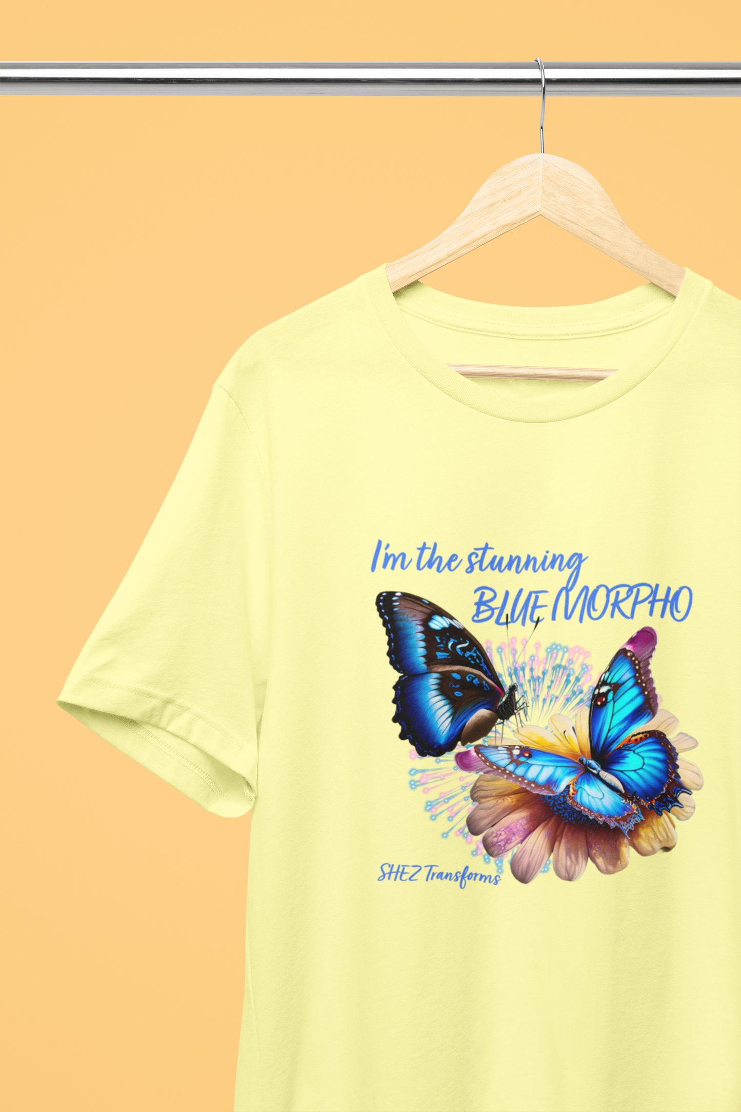 Shez Transforms Blue Morpho Butter Yellow Oversized Women Tshirts, Size : S , M, L, XL, 2XL, 3XL, 4XL, 5XL, Hanger View 