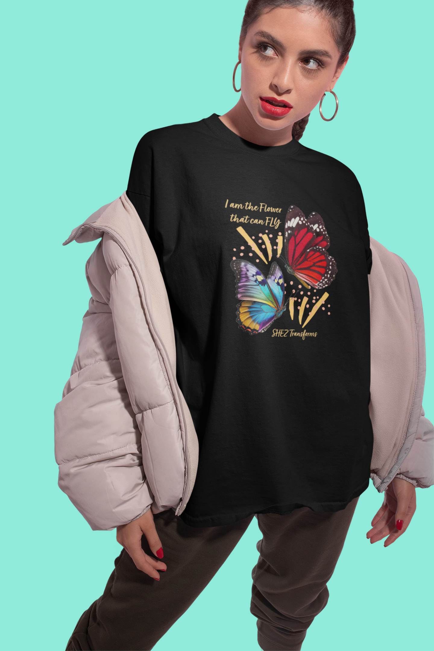 Shez Transforms I am the Flower Black Printed Oversized women Tshirts & Women Tops, Size : S , M, L, XL, 2XL, 3XL, 4XL, 5XL, Model in Jacket View