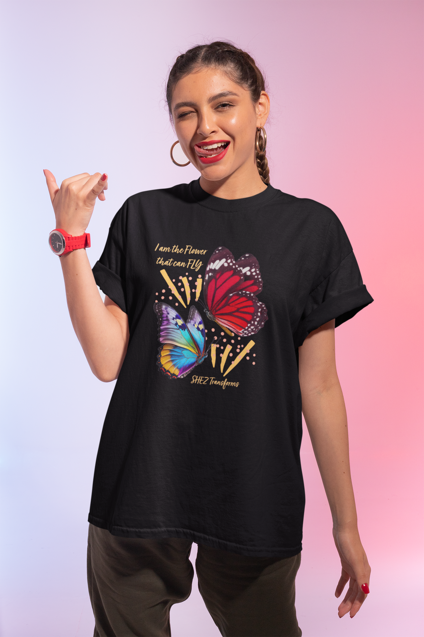 Shez Transforms I am the Flower Black Printed Oversized women Tshirts & Women Tops, Size : S , M, L, XL, 2XL, 3XL, 4XL, 5XL, Model smiling Pose