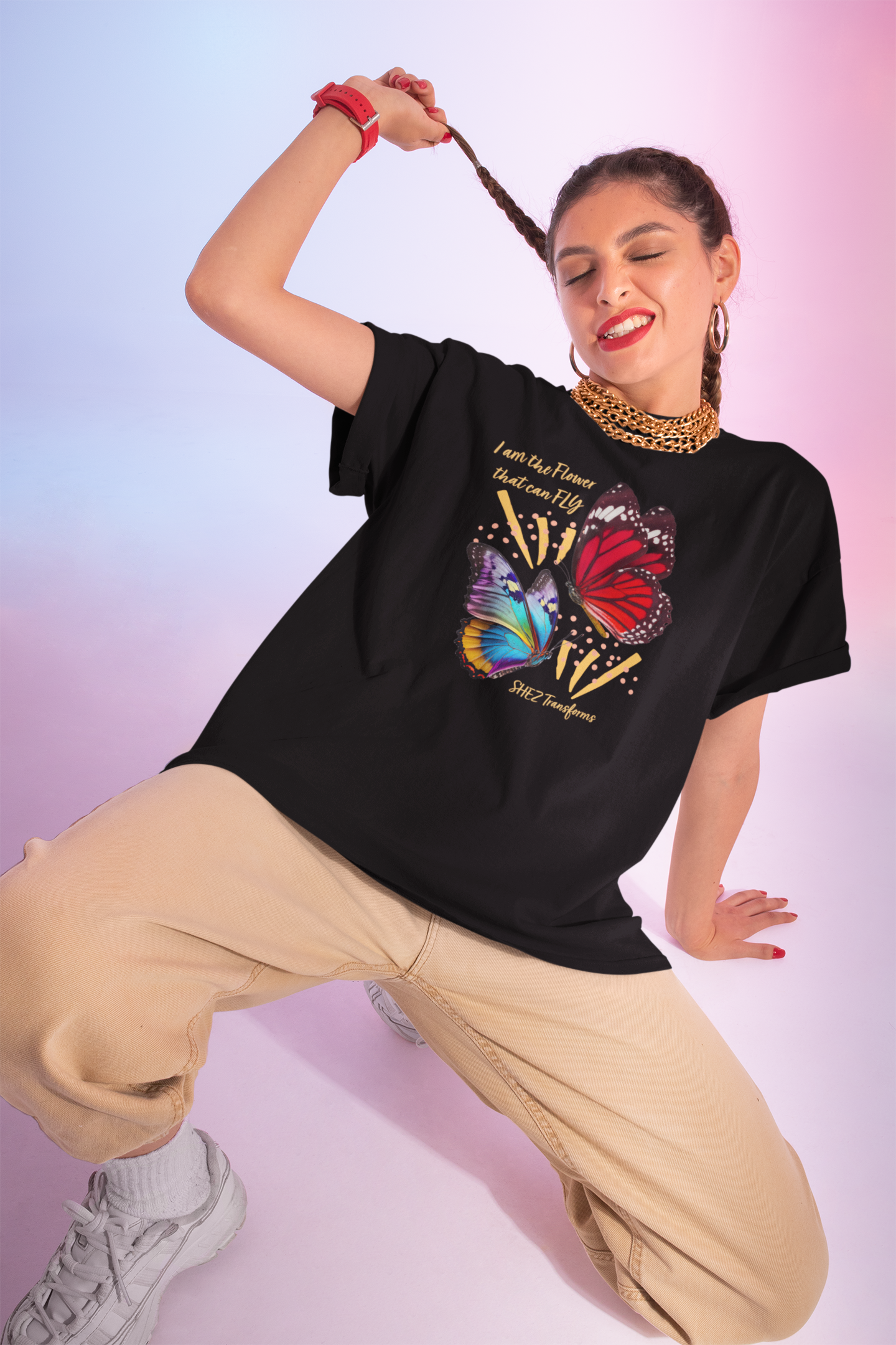 Shez Transforms I am the Flower Black Printed Oversized women Tshirts & Women Tops, Size : S , M, L, XL, 2XL, 3XL, 4XL, 5XL, Model in knees pose