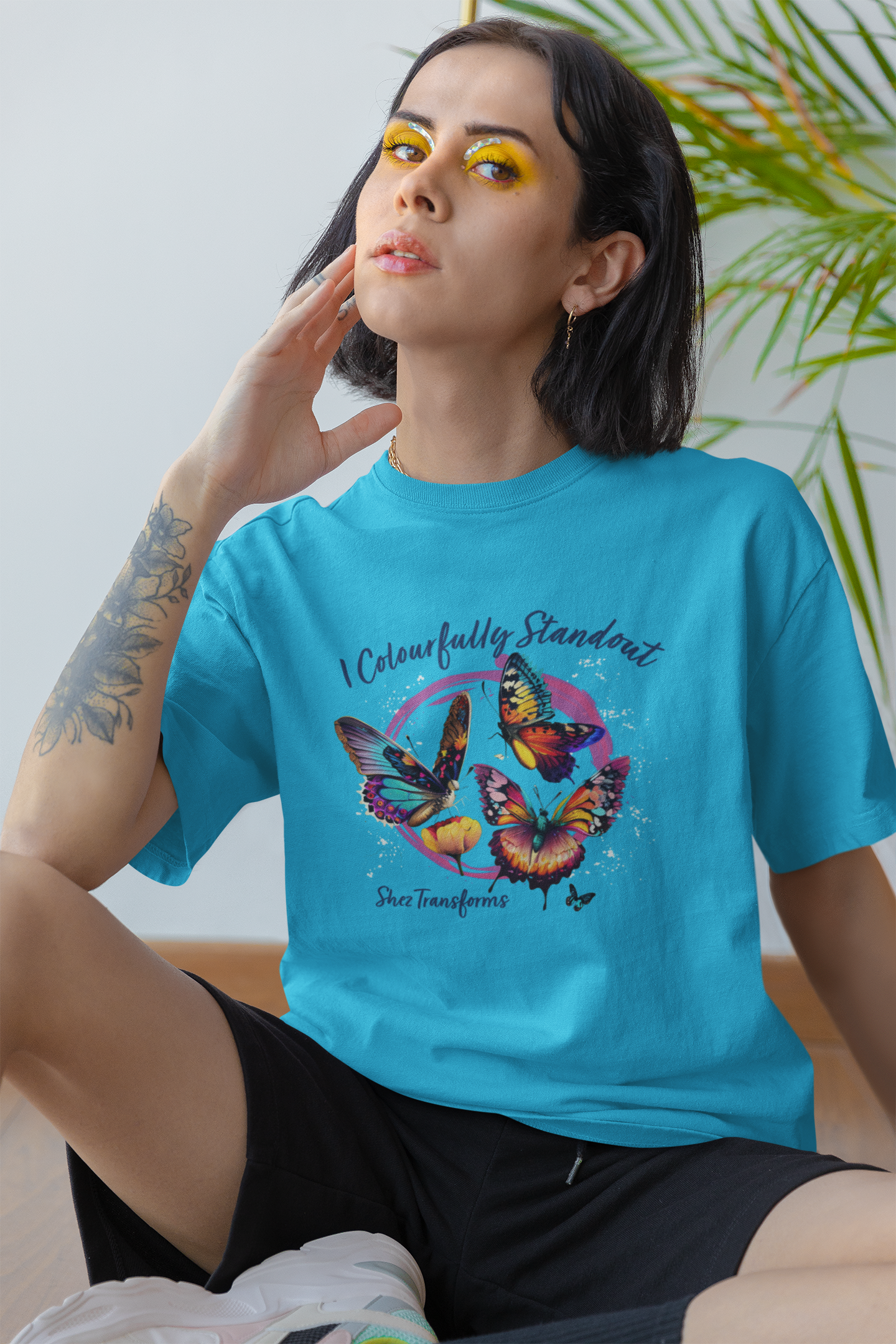 Shez Transforms Colourful Butterfly Printed Oversized women Tshirts & Women Tops, Size : S , M, L, XL, 2XL, 3XL, 4XL, 5XL, Model  Sitting Pose