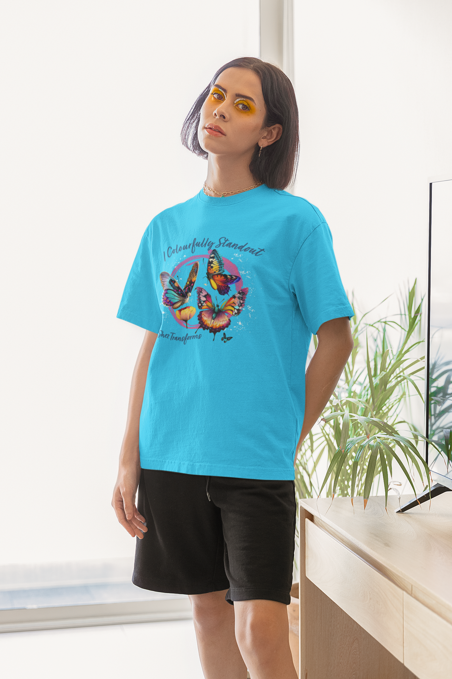 Shez Transforms Colourful Butterfly Printed Oversized women Tshirts & Women Tops, Size : S , M, L, XL, 2XL, 3XL, 4XL, 5XL, Model  Standing Pose