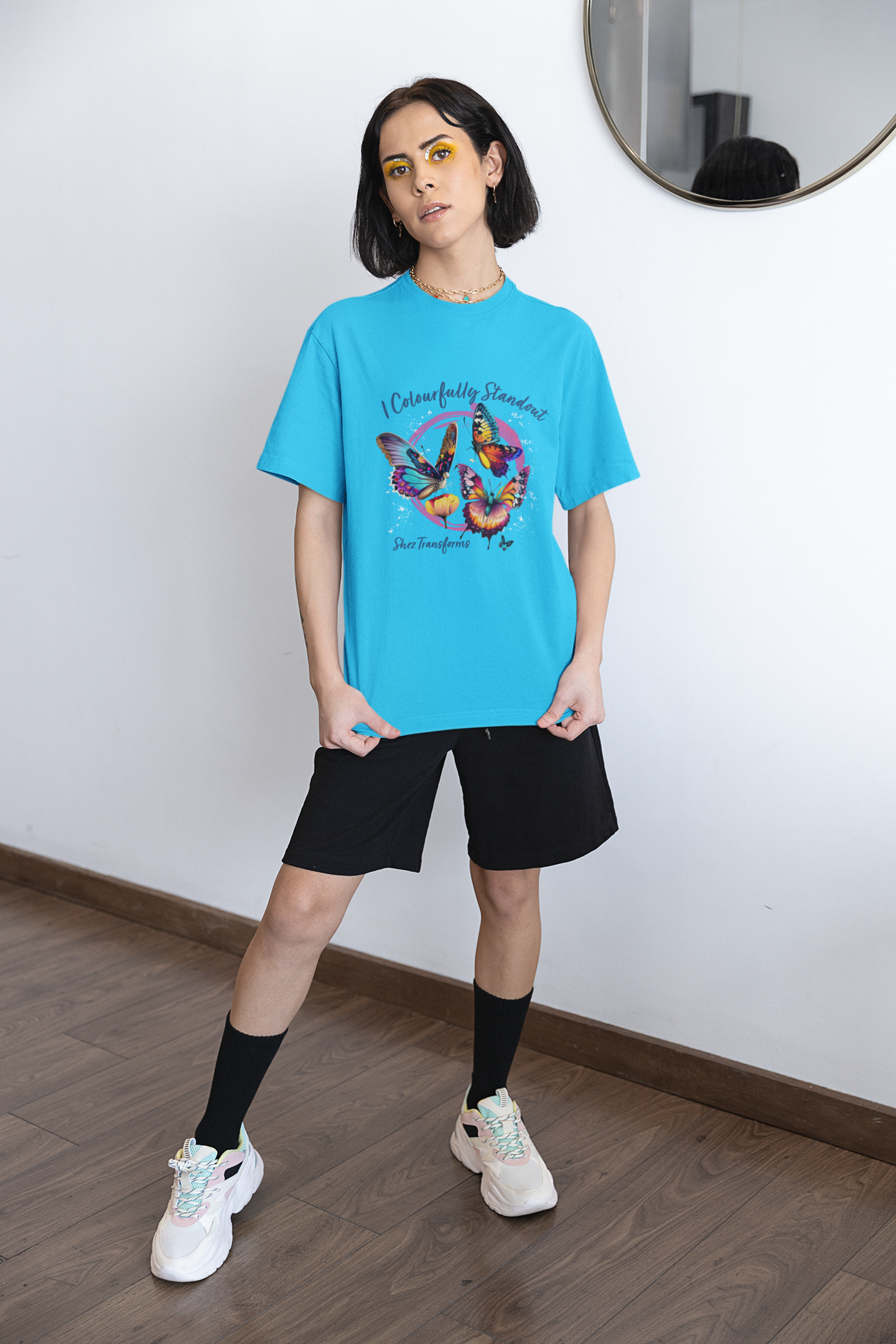 Shez Transforms Colourful Butterfly Printed Oversized women Tshirts & Women Tops, Size : S , M, L, XL, 2XL, 3XL, 4XL, 5XL, Model  Photo Pose