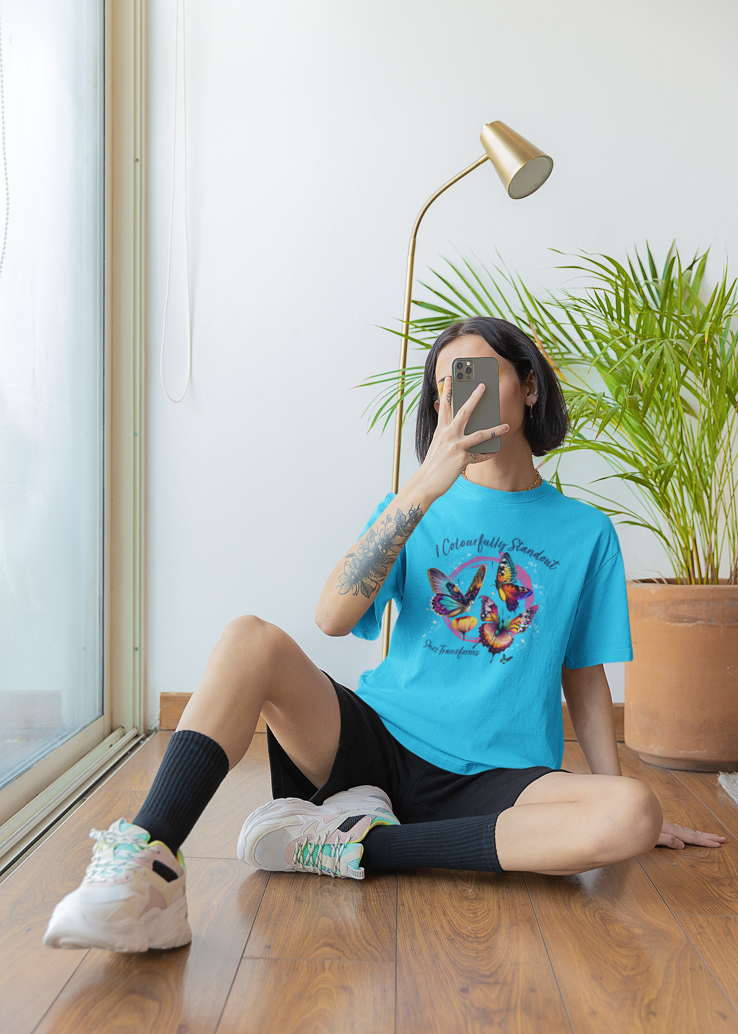 Shez Transforms Colourful Butterfly Printed Oversized women Tshirts & Women Tops, Size : S , M, L, XL, 2XL, 3XL, 4XL, 5XL, Model Taking Selfy Pose