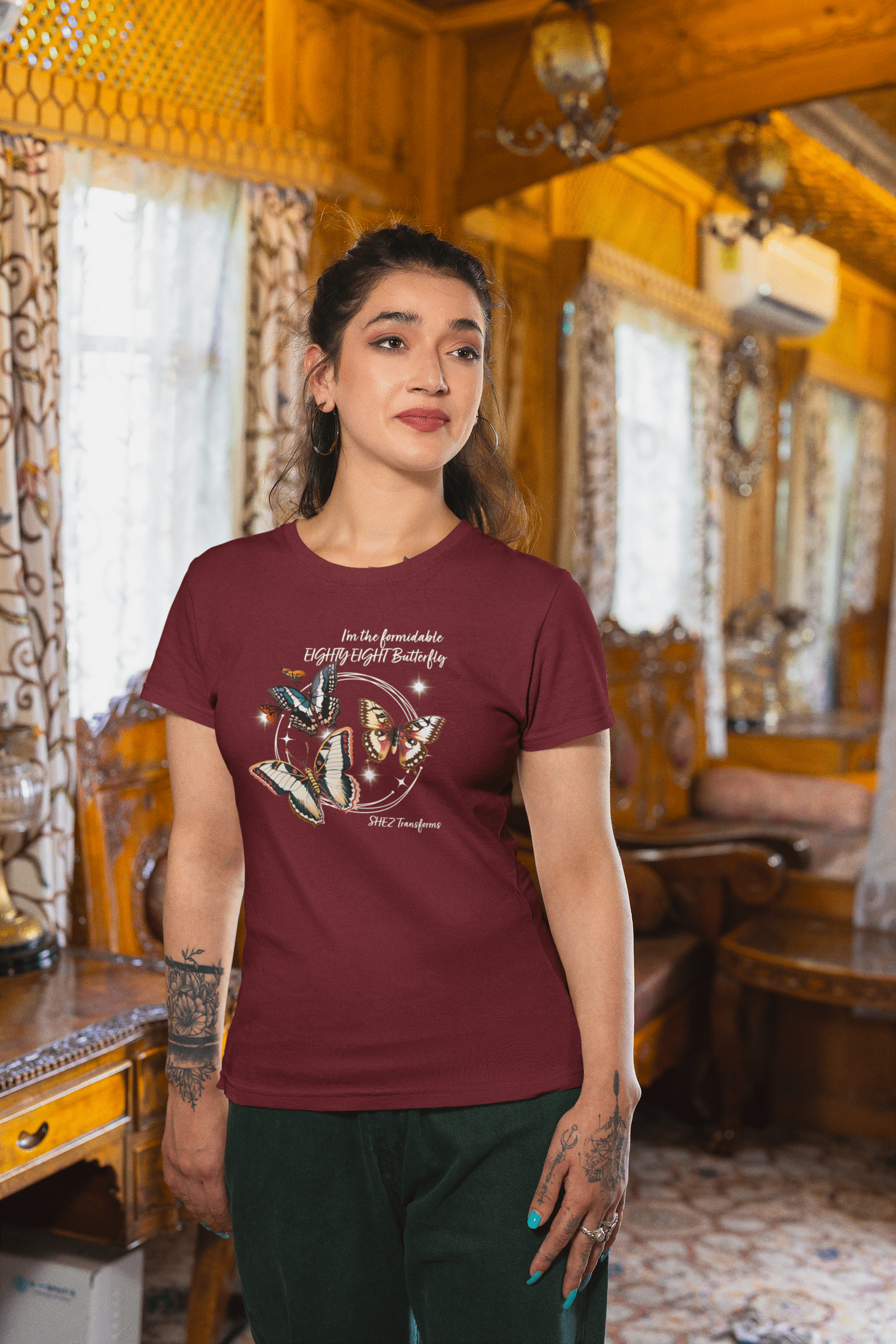 Shez Transforms EightyEight Maroon Printed Oversized women Tshirts & Women Tops, Size : S , M, L, XL, 2XL, 3XL, 4XL, 5XL, Model posing 