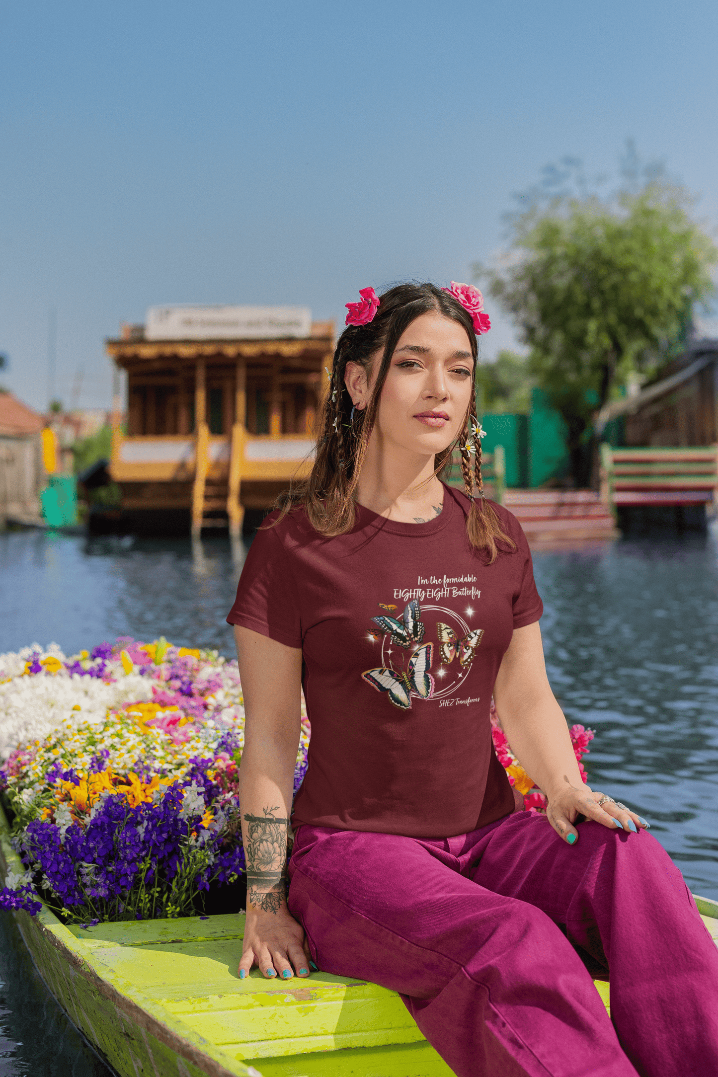 Shez Transforms EightyEight Maroon Printed Oversized women Tshirts & Women Tops, Size : S , M, L, XL, 2XL, 3XL, 4XL, 5XL, Model siting
