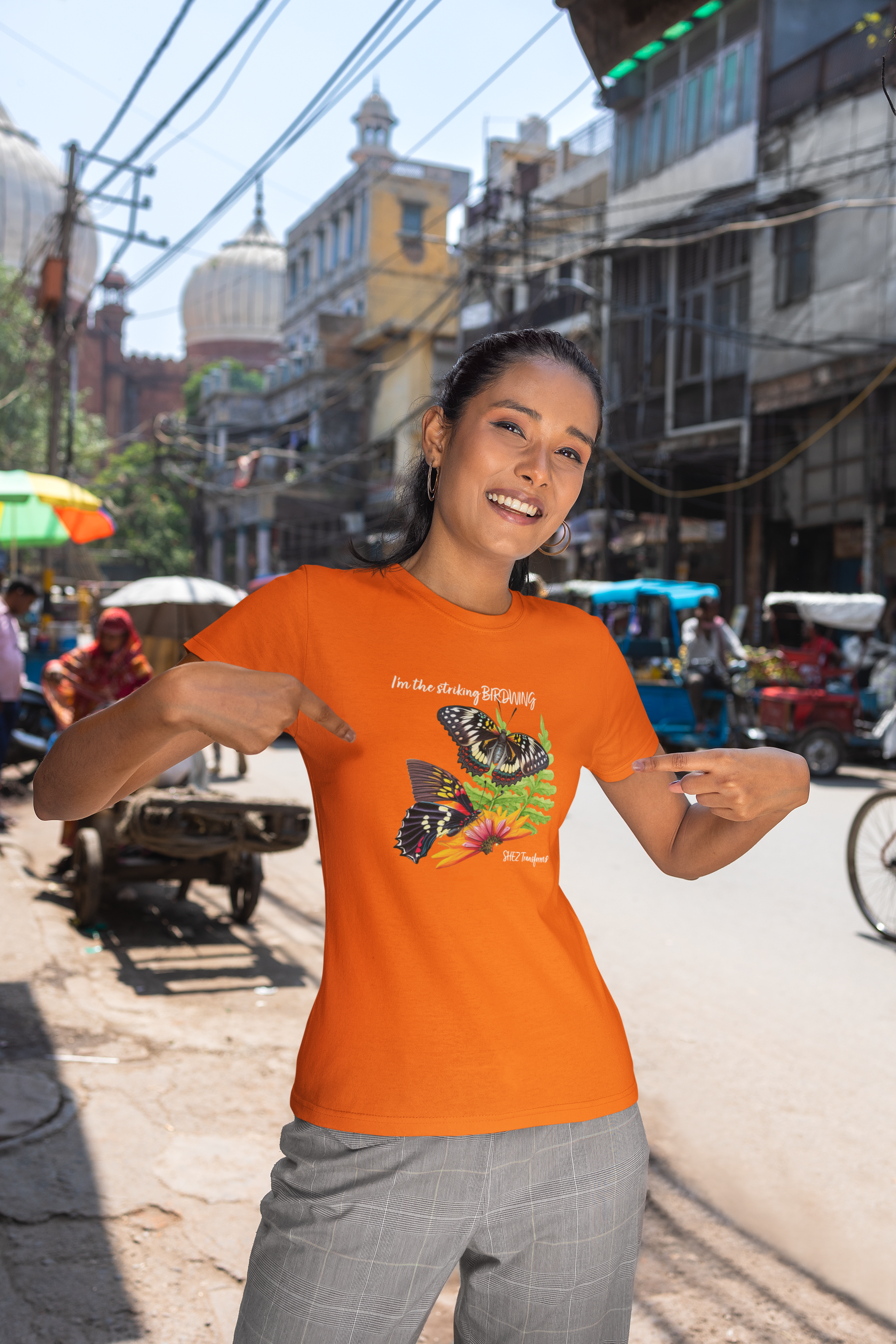Shez Transforms Birdwing Orange, Oversized Loose Fit women Tshirts & Women Tops, Size : S , M, L, XL, 2XL, 3XL, 4XL, 5XL, Woman Posing 1 View