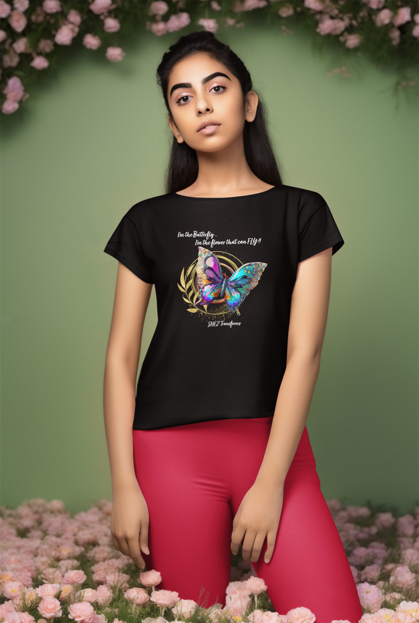 Shez Transforms, I am the Flower, Black Printed Oversized T Shirt Women, S,M,L,XL,2XL,3XL,4XL,5XL, Model Front View