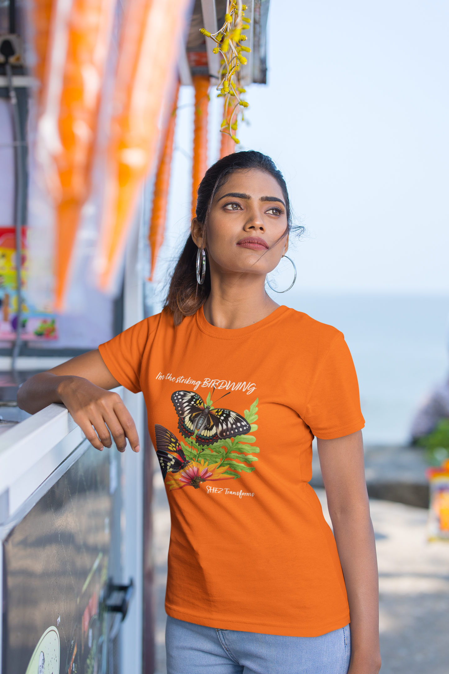 Shez Transforms Birdwing Orange, Oversized Loose Fit women Tshirts & Women Tops, Size : S , M, L, XL, 2XL, 3XL, 4XL, 5XL, Model Standing  View