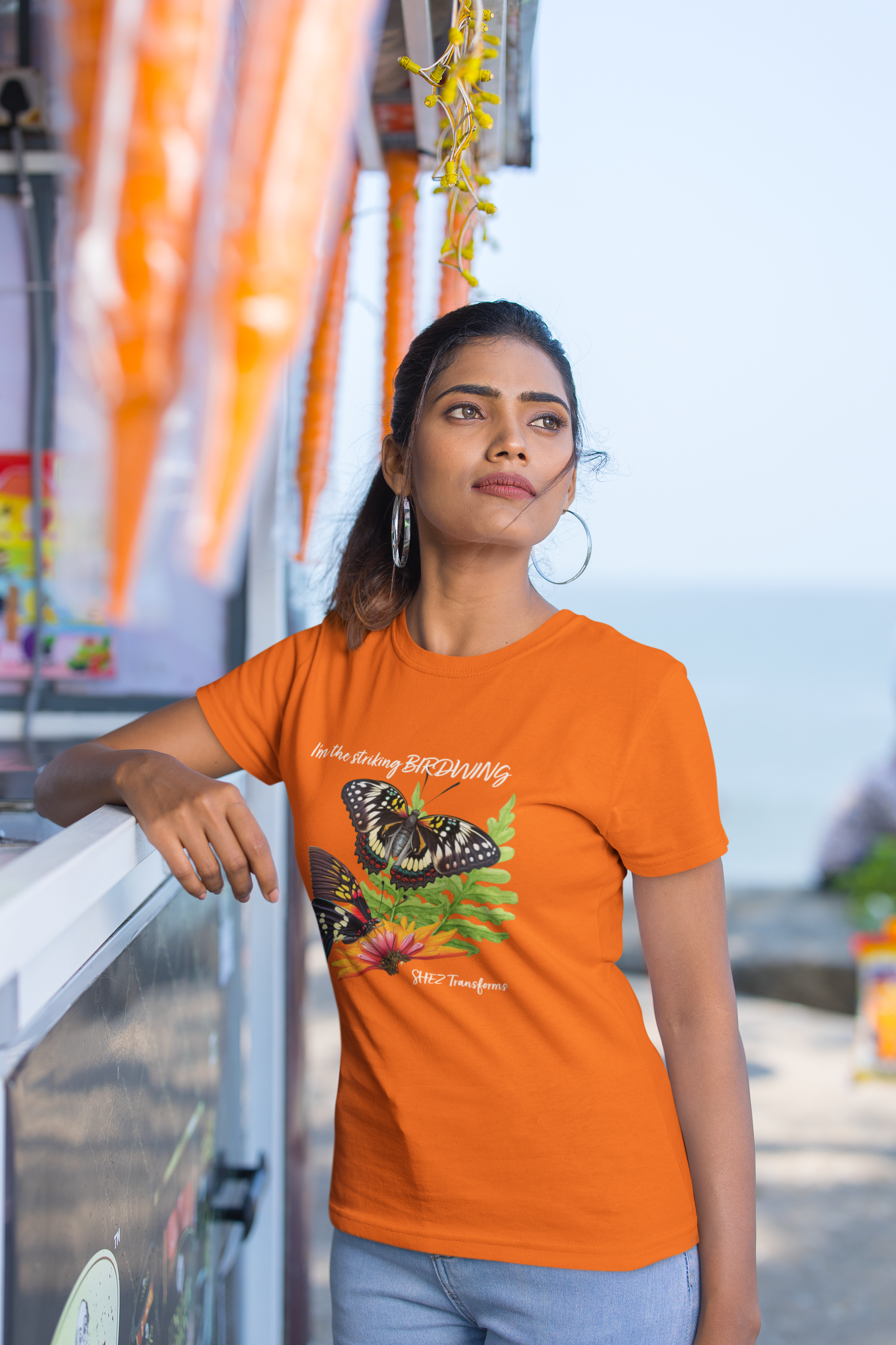 Shez Transforms Birdwing Orange, Oversized Loose Fit women Tshirts & Women Tops, Size : S , M, L, XL, 2XL, 3XL, 4XL, 5XL, Model Standing  View