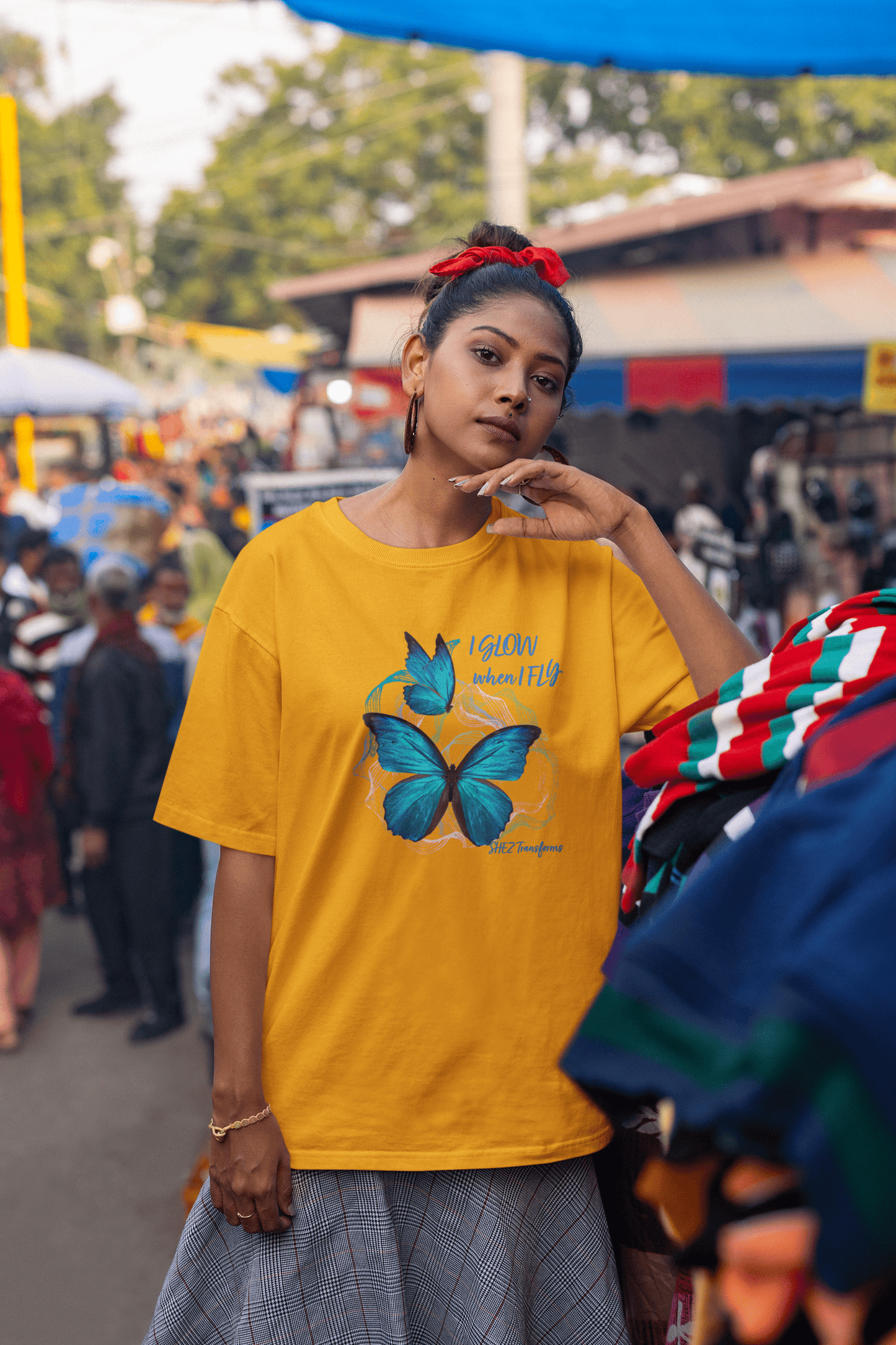 Shez Transforms I Glow Golden Yellow Oversized women Tshirts & Women Tops, Size : S , M, L, XL, 2XL, 3XL, 4XL, 5XL, Model Walking View
