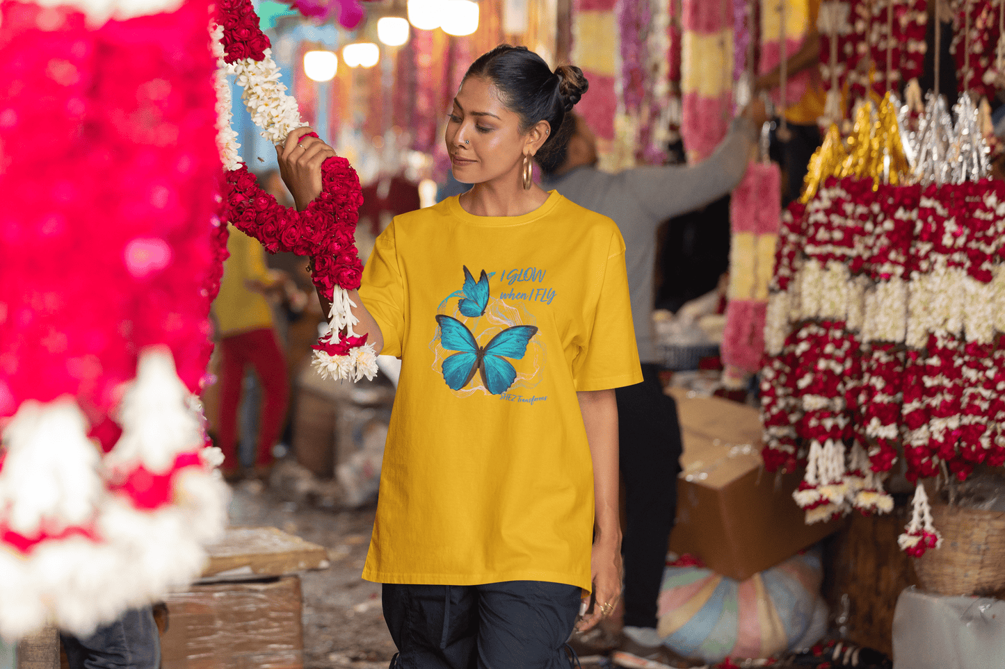 Shez Transforms I Glow Golden Yellow Oversized women Tshirts & Women Tops, Size : S , M, L, XL, 2XL, 3XL, 4XL, 5XL, Model Sitting  View
