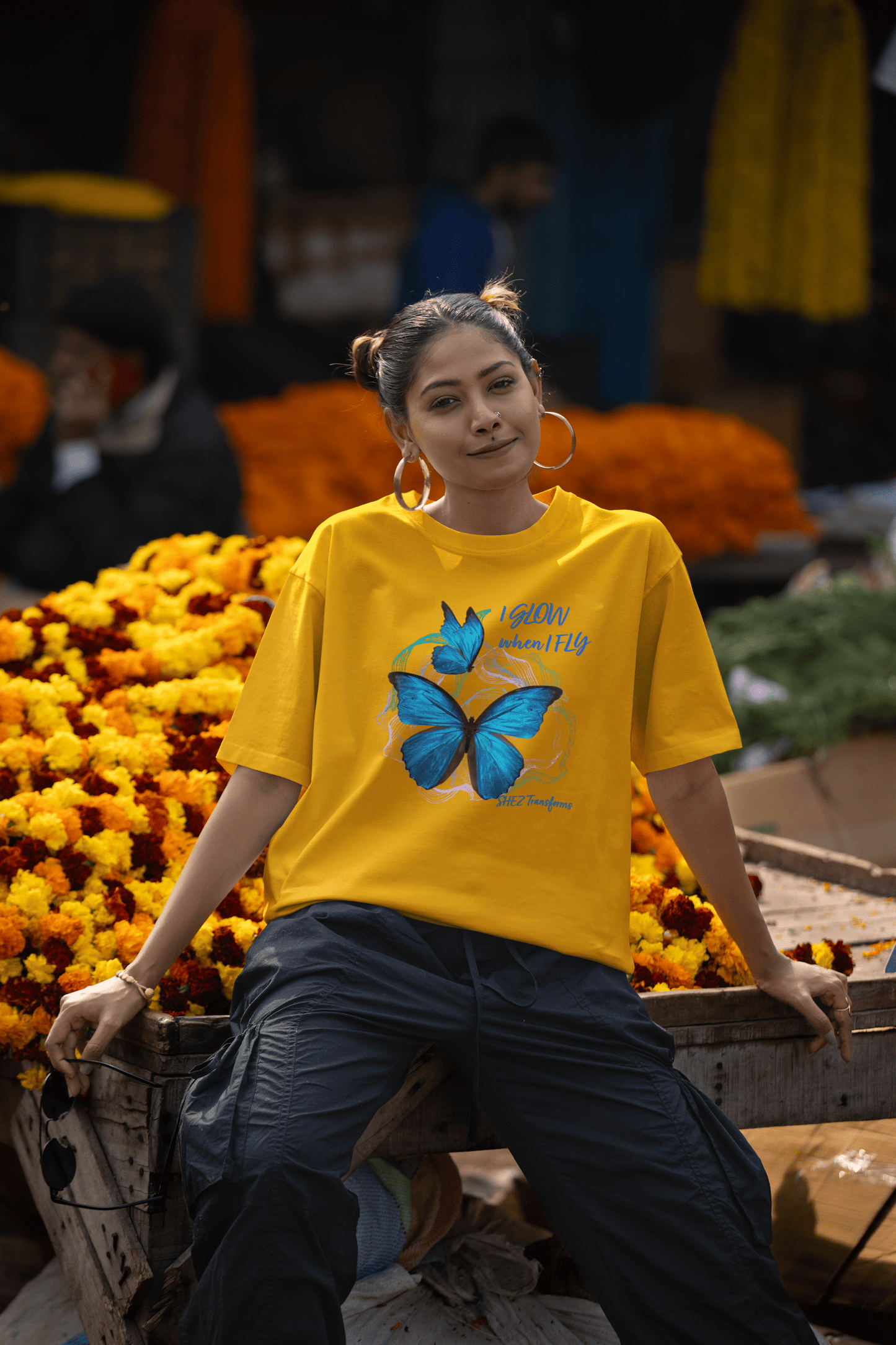 Shez Transforms I Glow Golden Yellow Oversized women Tshirts & Women Tops, Size : S , M, L, XL, 2XL, 3XL, 4XL, 5XL, Model Posing View
