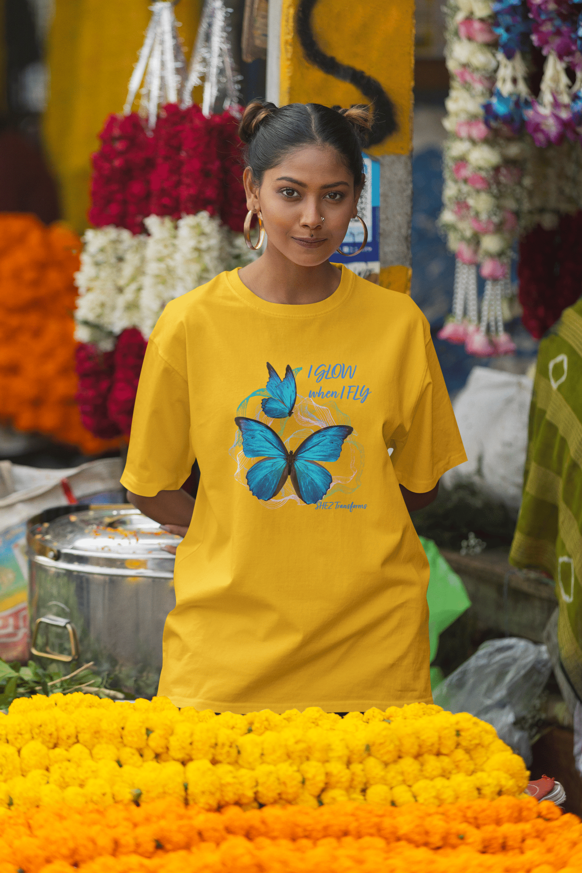 Shez Transforms I Glow Golden Yellow Oversized women Tshirts & Women Tops, Size : S , M, L, XL, 2XL, 3XL, 4XL, 5XL, Model Smiling View