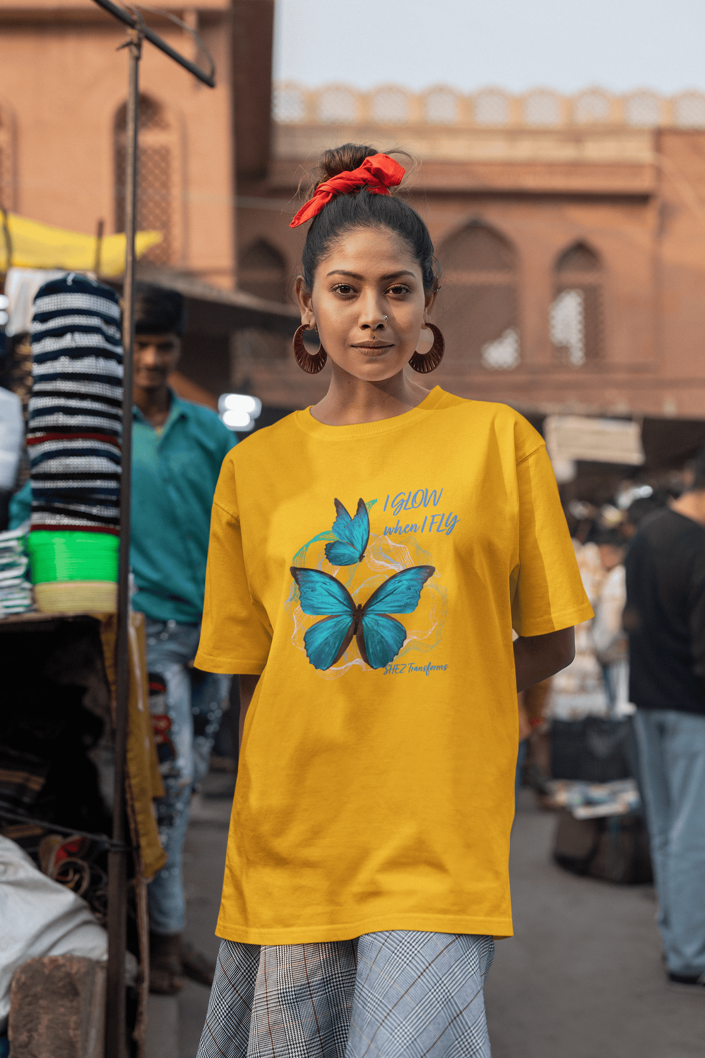 Shez Transforms I Glow Golden Yellow Oversized women Tshirts & Women Tops, Size : S , M, L, XL, 2XL, 3XL, 4XL, 5XL, Model Front View