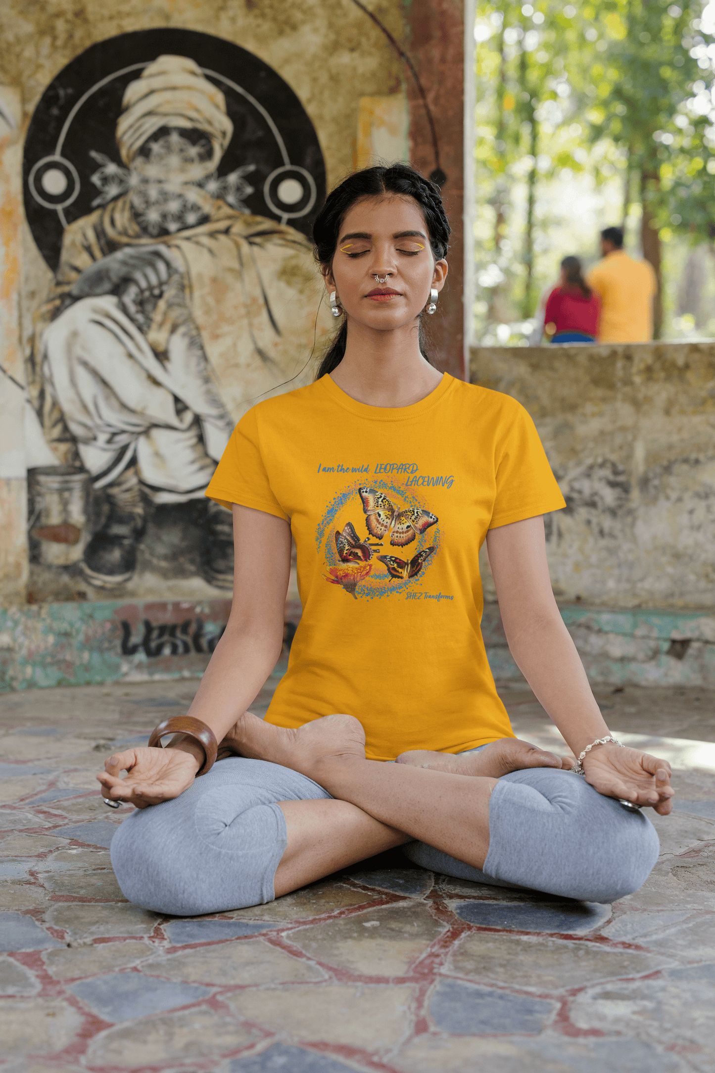 Shez Transforms Golden Yellow Leopard Lacewing Oversized women Tshirts & Women Tops, Size : S , M, L, XL, 2XL, 3XL, 4XL, 5XL, Model in Yoga View