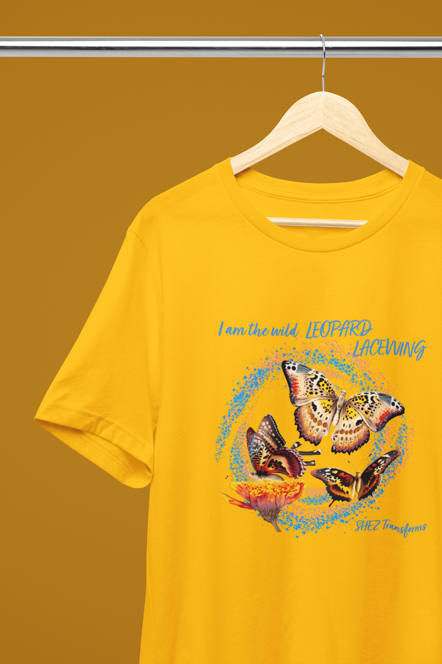 Shez Transforms Golden Yellow Leopard Lacewing Oversized women Tshirts & Women Tops, Size : S , M, L, XL, 2XL, 3XL, 4XL, 5XL, Hanger View