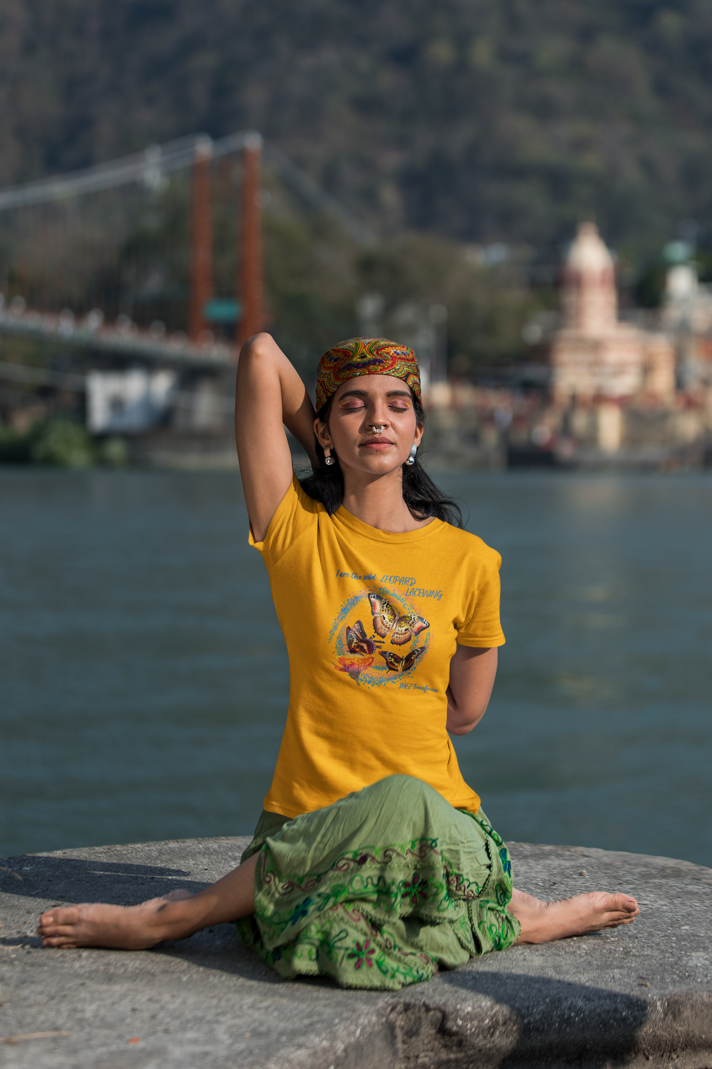 Shez Transforms Golden Yellow Leopard Lacewing Oversized women Tshirts & Women Tops, Size : S , M, L, XL, 2XL, 3XL, 4XL, 5XL, Model in Yoga pose 2 View