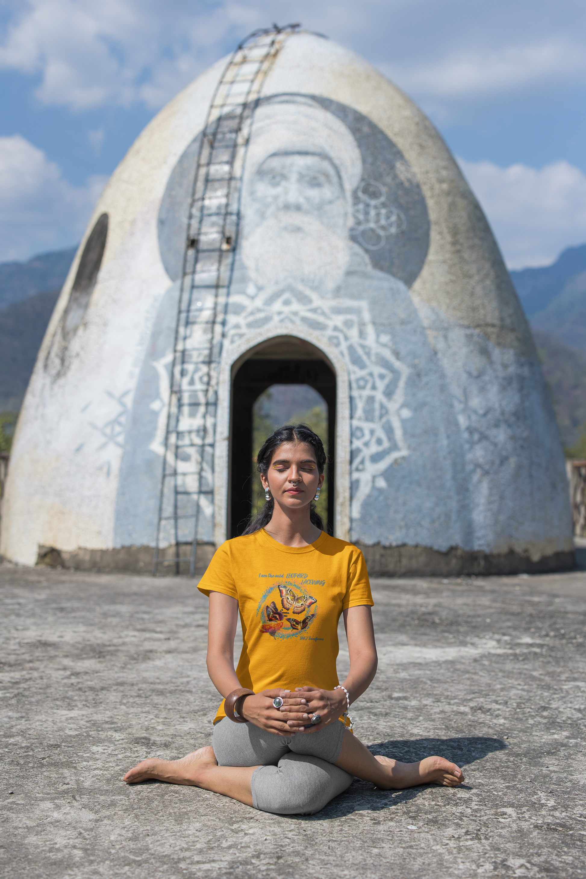 Shez Transforms Golden Yellow Leopard Lacewing Oversized women Tshirts & Women Tops, Size : S , M, L, XL, 2XL, 3XL, 4XL, 5XL, Model in Yoga pose 3 View